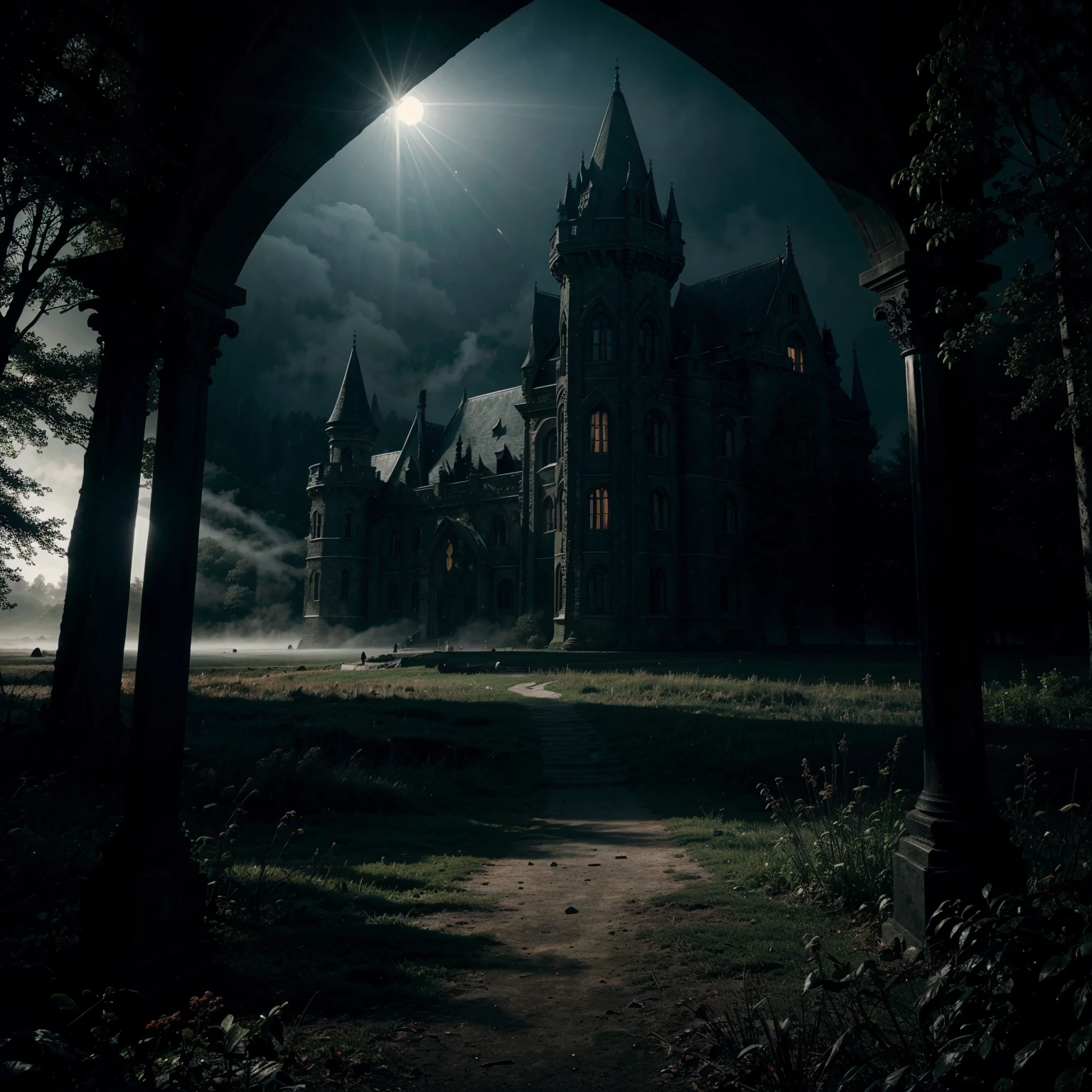 masterpiece of high-contrast shadow and light, a gothic castle sitting on edge of a forbidden mystical forest, moonlight, (fog and moonbeams:1.2), (pure black:1.3), and (darkness:1.3), mysticism, fantasy, gothic horror, glowing flora, magical phenomena, ultra realistic painting, intricate, High Detail, Sharp focus, realism, darkness.