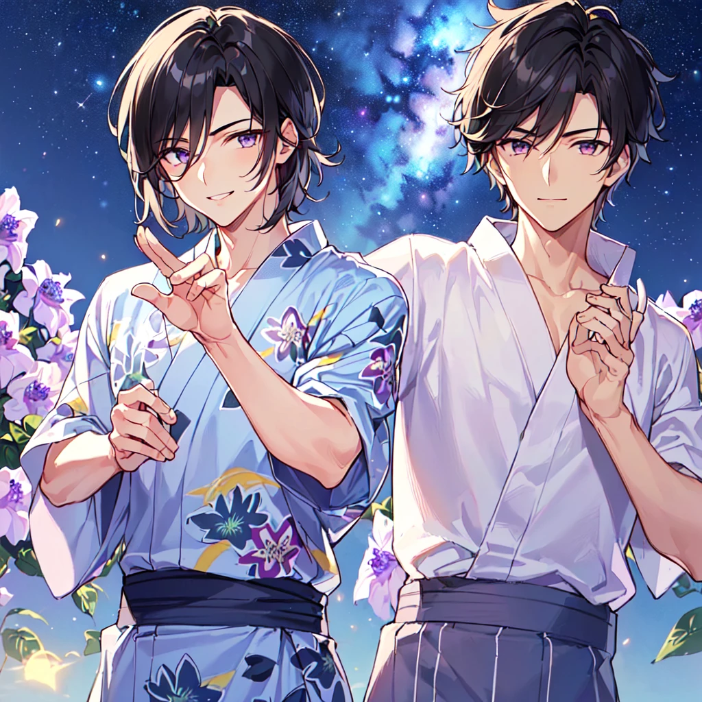 masterpiece,best quality,high quality,(1 male austere handsome solo adult age 30 years old:1.5), purple eyes, cool with suspended eyes, V-shaped eyebrows, body strong and fearless 8.5 head tall, height 185cm, (well-groomed black hair short to neck:1.4), (bangs 7 thirds parted: 1.4), slender nose, facial muscles, throat, (Passiflora caerulea print summer yukata short sleeves and pants: 1.3), (stylish pose), (cool smile: 1.3), (background Passiflora caerulea flower field: 1.3), (Milky Way Night Sky: 1.3), (upper body:1.3)
