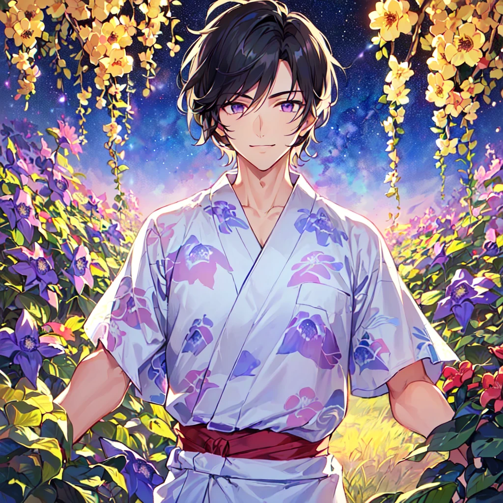 masterpiece,best quality,high quality,(1 male austere handsome solo adult age 30 years old:1.5), purple eyes, cool with suspended eyes, V-shaped eyebrows, body strong and fearless 8.5 head tall, height 185cm, (well-groomed black hair short to neck:1.4), (bangs 7 thirds parted: 1.4), slender nose, facial muscles, throat, (Passiflora caerulea print summer yukata short sleeves and pants: 1.3), (stylish pose), (cool smile: 1.3), (background Passiflora caerulea flower field: 1.3), (Milky Way Night Sky: 1.3), (upper body:1.3)