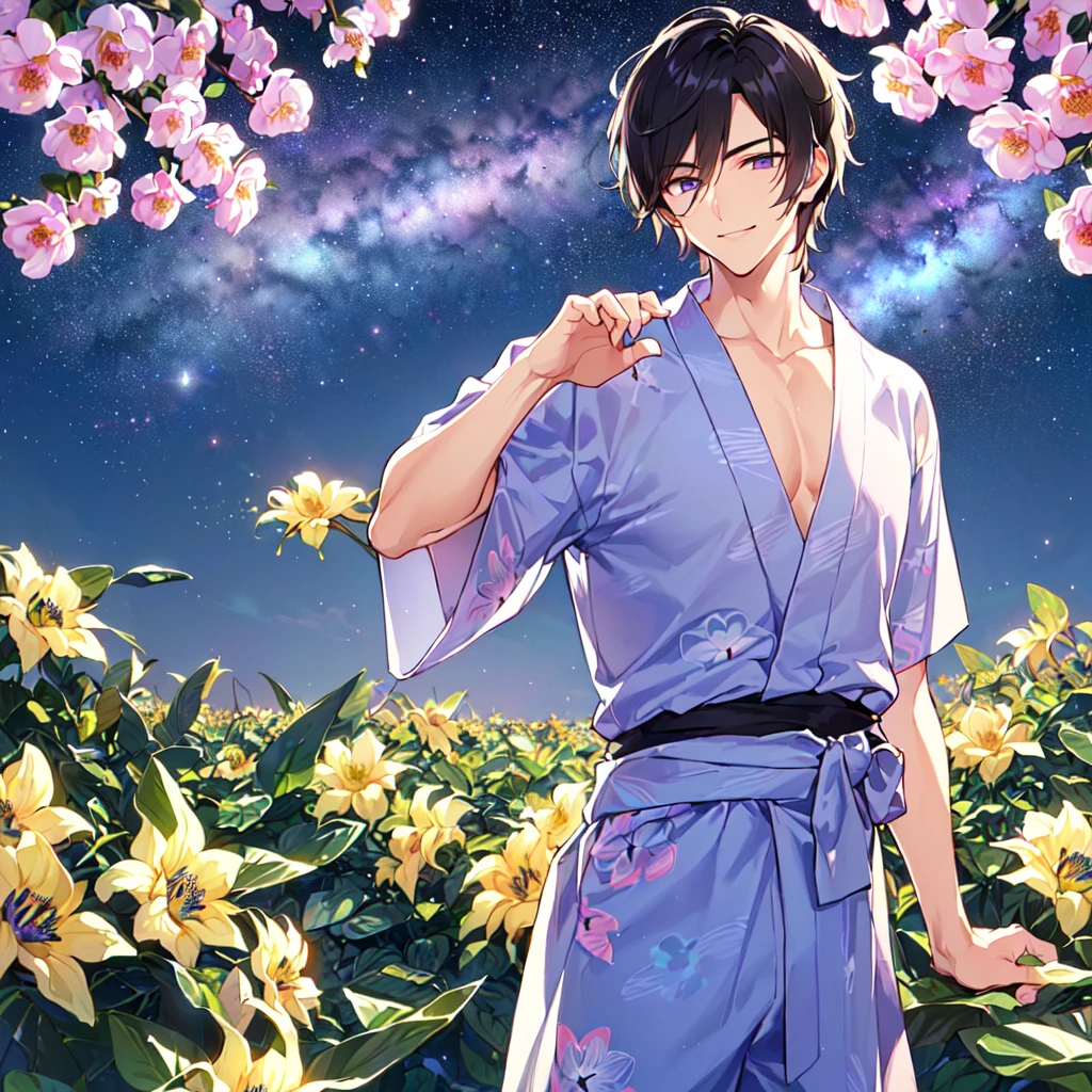 masterpiece,best quality,high quality,(1 male austere handsome solo adult age 30 years old:1.5), purple eyes, cool with suspended eyes, V-shaped eyebrows, body strong and fearless 8.5 head tall, height 185cm, (well-groomed black hair short to neck:1.4), (bangs 7 thirds parted: 1.4), slender nose, facial muscles, throat, (Passiflora caerulea print summer yukata short sleeves and pants: 1.3), (stylish pose), (cool smile: 1.3), (background Passiflora caerulea flower field: 1.3), (Milky Way Night Sky: 1.3), (upper body:1.3)