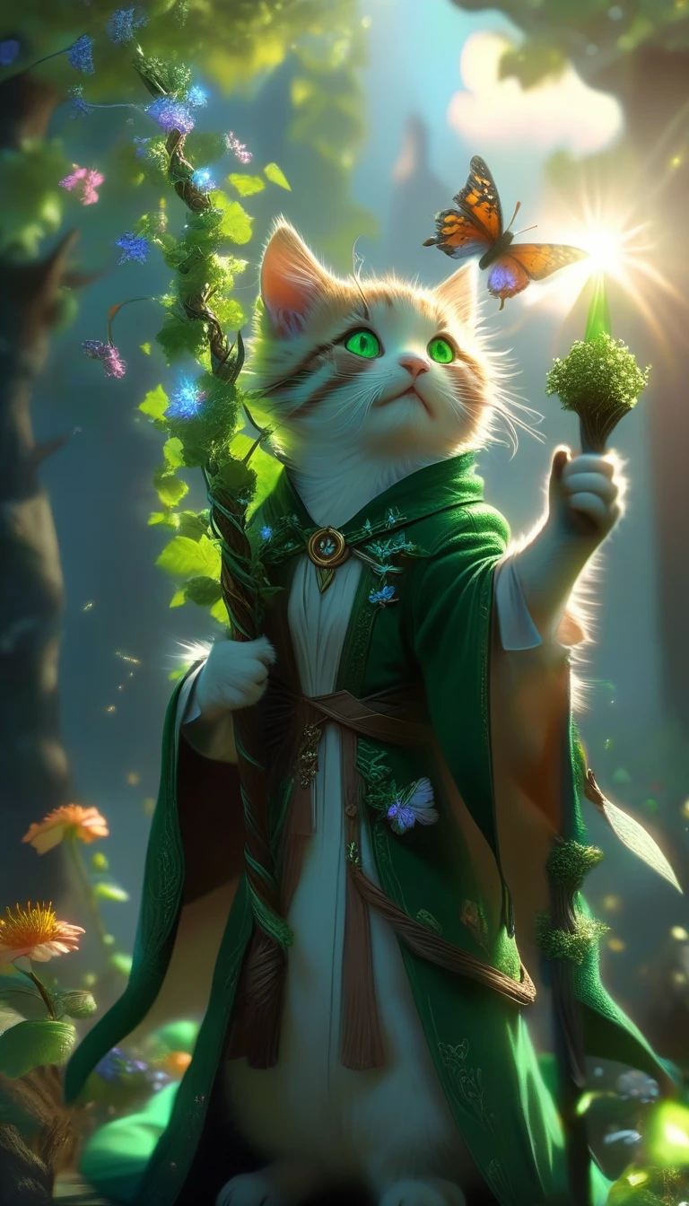 kitten,
fantasy worlds,
eloder cat mage wearing robes,Druid,
holding an vines staff,arms up,
green eyes,
Magic Circle,
flower,butterfly,
fluffy tail,
detailed surroundings,
Luminous Magic Array,
(hyper-detailed,high quality visuals,dim Lighting,ultra-realistic,sharply focused,octane render,8k UHD,masterpiece,high quality),
beautiful detailed glow,((clouds)),forest,sunlight,