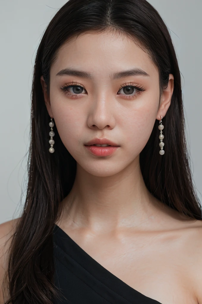 photo of a a korean girl with pale skin, long black hair and ice blue eyes, (Adorned in a sexy red dress,, and pearl earrings, she captures the elegance, RAW photo, 8k UHD, soft lighting, high quality, film grain, Fujifilm XT3, 16mm, color graded portra 400 film, remarkable color, remarkable detailed pupils
