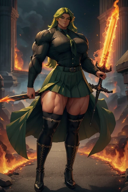 ((Massive tall, beautiful, buff, light brown skinned muscular woman with green hair, black lipstick, ginormous bulky muscles, carrying a fire sword and wearing a black long sleeve pleated shirt with beautiful long pleated skirt)), ((close view)), (massive muscles), long curvy hair, orange eyes, choker, ((green long sleeve pleated shirt and tie)), neck tie, ((beautiful long pleated skirt)), belt, thigh high socks, black boots, (in a fire city), closed smile, night, massive muscles