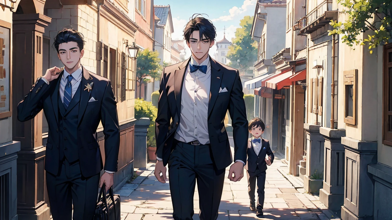 (((masterpiece))), ((Highest quality)), ((Super detailed)), (CG illustration), Happy parent-child scene。The resurrected form of Emperor Constantine and the twins Crispus and Fausta.、Father and son landscape。「Varna, Bulgaria、Under the clear blue sky、A summer evening where a stylish modern mansion shines。As the bright sunlight envelopes the sea and the mansion、A young father in his 30s hugs his twin sons tightly and warmly on his way home from work。The father's face was filled with deep love, retribution and forgiveness.、I can see the look of relief on his face, having overcome his past mistakes.。The children have innocent, naive smiles、He buried his face in his father's shoulder and looked relieved.。Light and shadow gently intersect、A scene that creates a warm and moving atmosphere overall.。」Love。Love, forgiveness, healing and purification。Detailed and delicate。lyrical。Heartful Modern。Gorgeous。elegant。masterpiece。super high quality。, beauty, brilliance, ultra-high quality, ultra-high resolution, Ultra-fine, ultra-beautiful, a masterpiece.masterpiece。I'm in love with you,