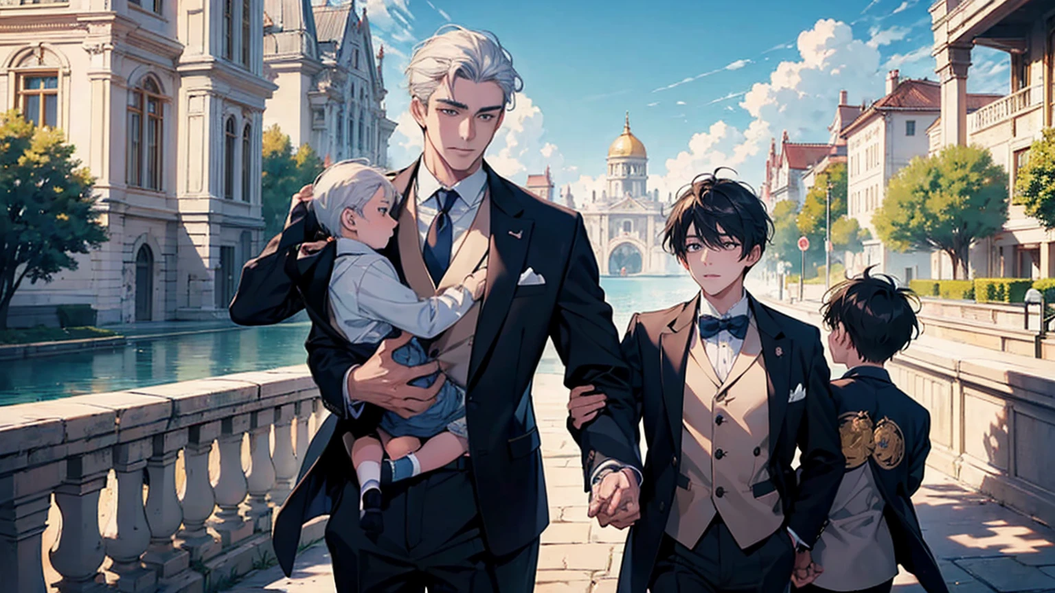 (((masterpiece))), ((Highest quality)), ((Super detailed)), (CG illustration), Happy parent-child scene。The resurrected form of Emperor Constantine and the twins Crispus and Fausta.、Father and son landscape。「Varna, Bulgaria、Under the clear blue sky、A summer evening where a stylish modern mansion shines。As the bright sunlight envelopes the sea and the mansion、A young father in his 30s hugs his twin sons tightly and warmly on his way home from work。The father's face was filled with deep love, retribution and forgiveness.、I can see the look of relief on his face, having overcome his past mistakes.。The children have innocent, naive smiles、He buried his face in his father's shoulder and looked relieved.。Light and shadow gently intersect、A scene that creates a warm and moving atmosphere overall.。」Love。Love, forgiveness, healing and purification。Detailed and delicate。lyrical。Heartful Modern。Gorgeous。elegant。masterpiece。super high quality。, beauty, brilliance, ultra-high quality, ultra-high resolution, Ultra-fine, ultra-beautiful, a masterpiece.masterpiece。I'm in love with you,
