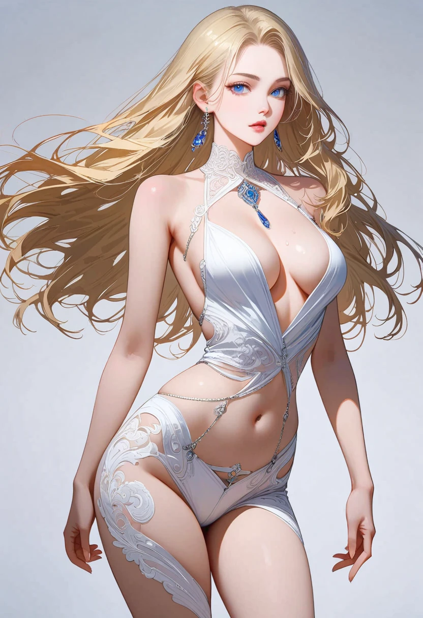 ((masterpiece,best quality,8K,high resolution)),((character concept art)), 1 female, noble, Old money atmosphere, supermodel, fashion model, 35 years old, (long blonde hair), blonde hair, (fair complexion), Ultra-fine eyes (blue eye color), extraordinary gorgeous, grace, charming, clever, calm, Perfect body ((Slim and curvaceous)), ((intricate details)), Super delicate hand details, super fine fingers(((Ten fingers))), Wearing a white blazer、White shirt and white pants  (stand still), (full body display), ((Show the whole body)), (No logos on background), (No logo), ((solid color background)), ((solid color background)), (((empty background)))