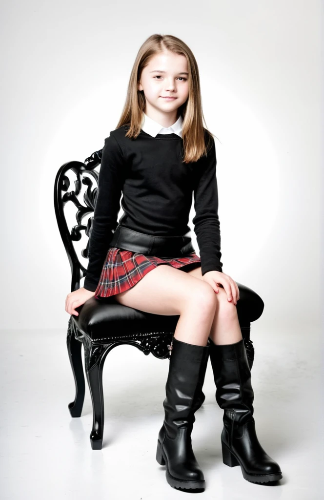  Beautiful 15 year old teenager in a short skirt sitting on a throne in black boots on a white background 