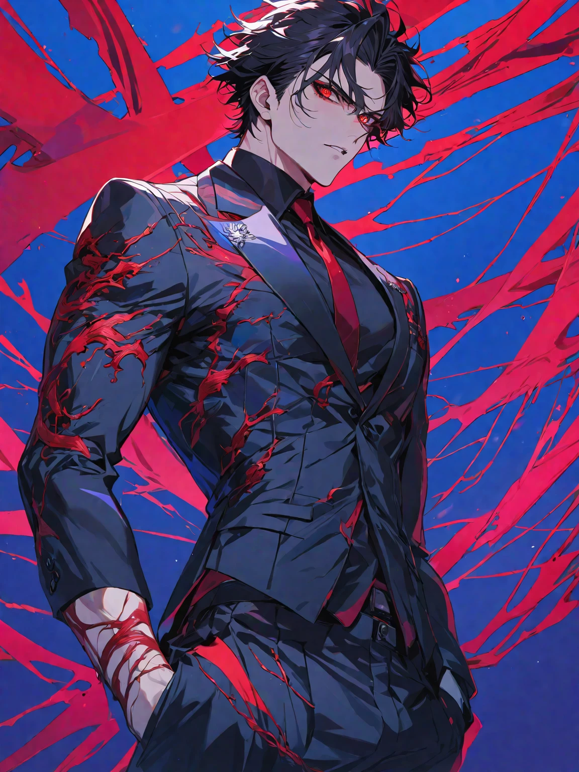 One, beautiful, 1 man, with a sporty body, V-shaped body, elegant black Britannia suit, red veins on the arm, bloody details, model hair, short hair, black hair, blood red eyes, neon eyes, red threads, black light