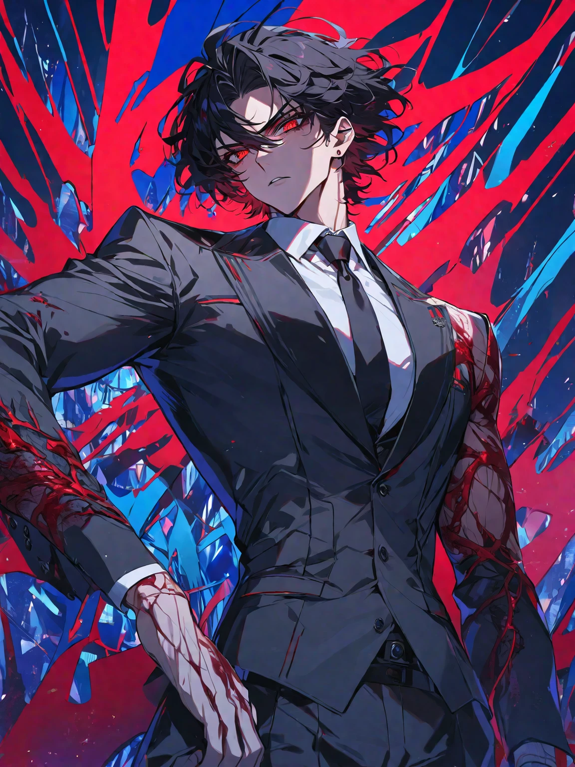 One, beautiful, 1 man, with a sporty body, V-shaped body, elegant black Britannia suit, red veins on the arm, bloody details, model hair, short hair, black hair, blood red eyes, neon eyes, red threads, black light