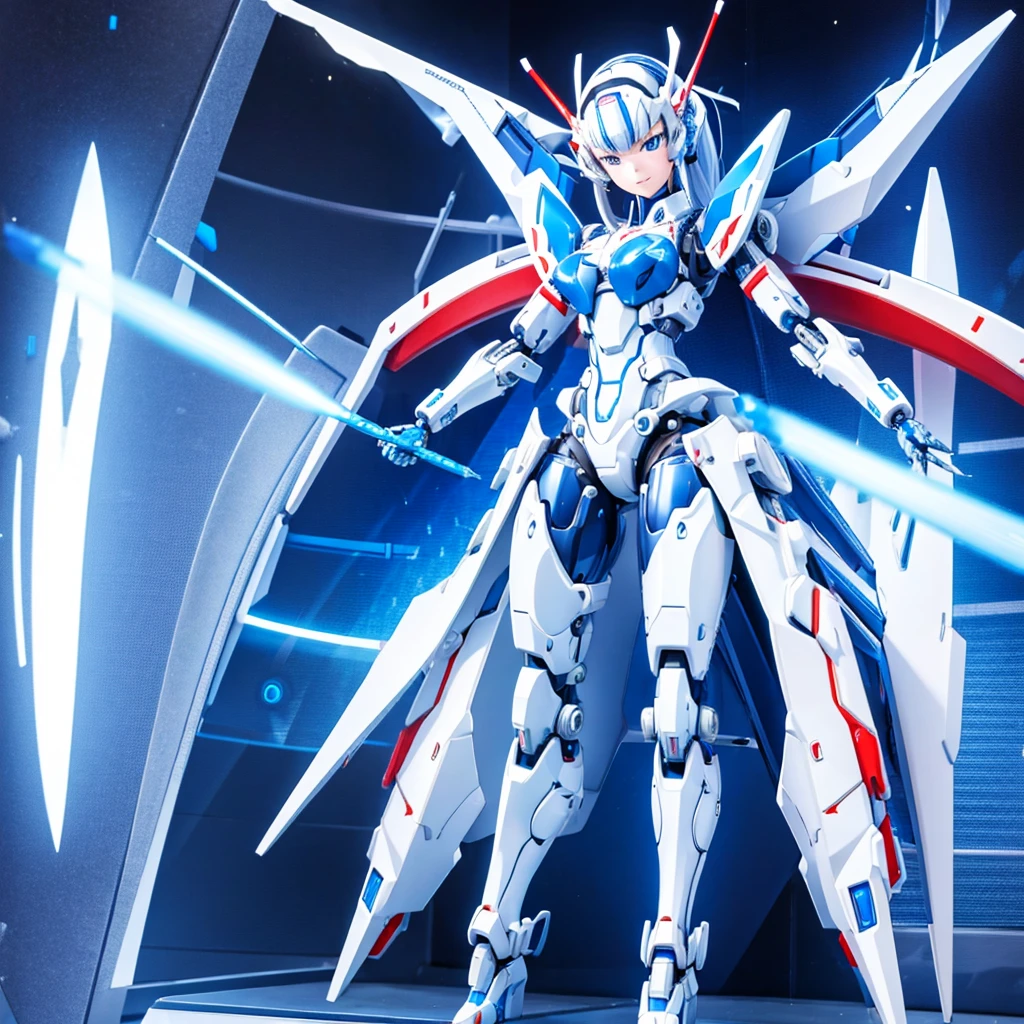 masterpiece, high quality, During the mechanized modification operation、Heian Sumire, who has been turned into a mechanical body cyborg、Gynoid cyborg body modification surgery、Blue and white leotard armor、A precisely mechanized body、Single image、from the front,Put the whole body