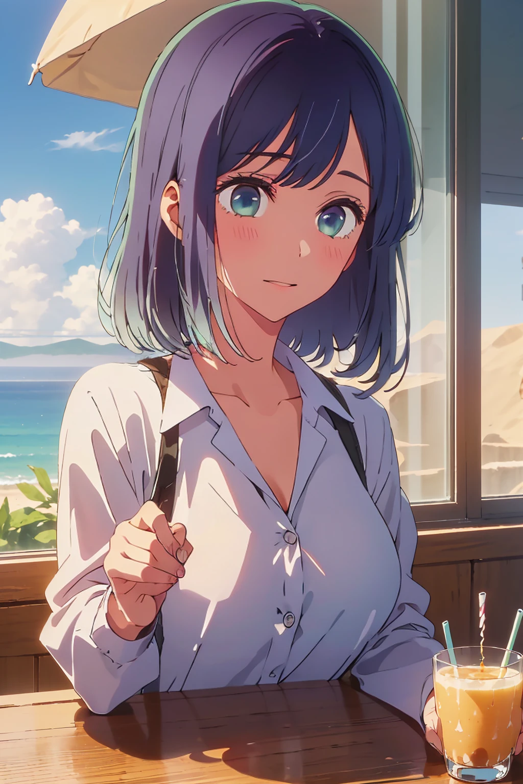 (Highest quality:1.4、masterpiece:1.4、Super detailed:1.4、8k:1.4)、((((1 person、Surprised expression、sit、Cafe Terrace、coastal、juice、table、Sandy Beach、juiceのグラスを持つ、Put on your coat、sunglasses、Bucket hat、Big eyes、Very cute face))))、F cup bust、Medium breast、Underboob