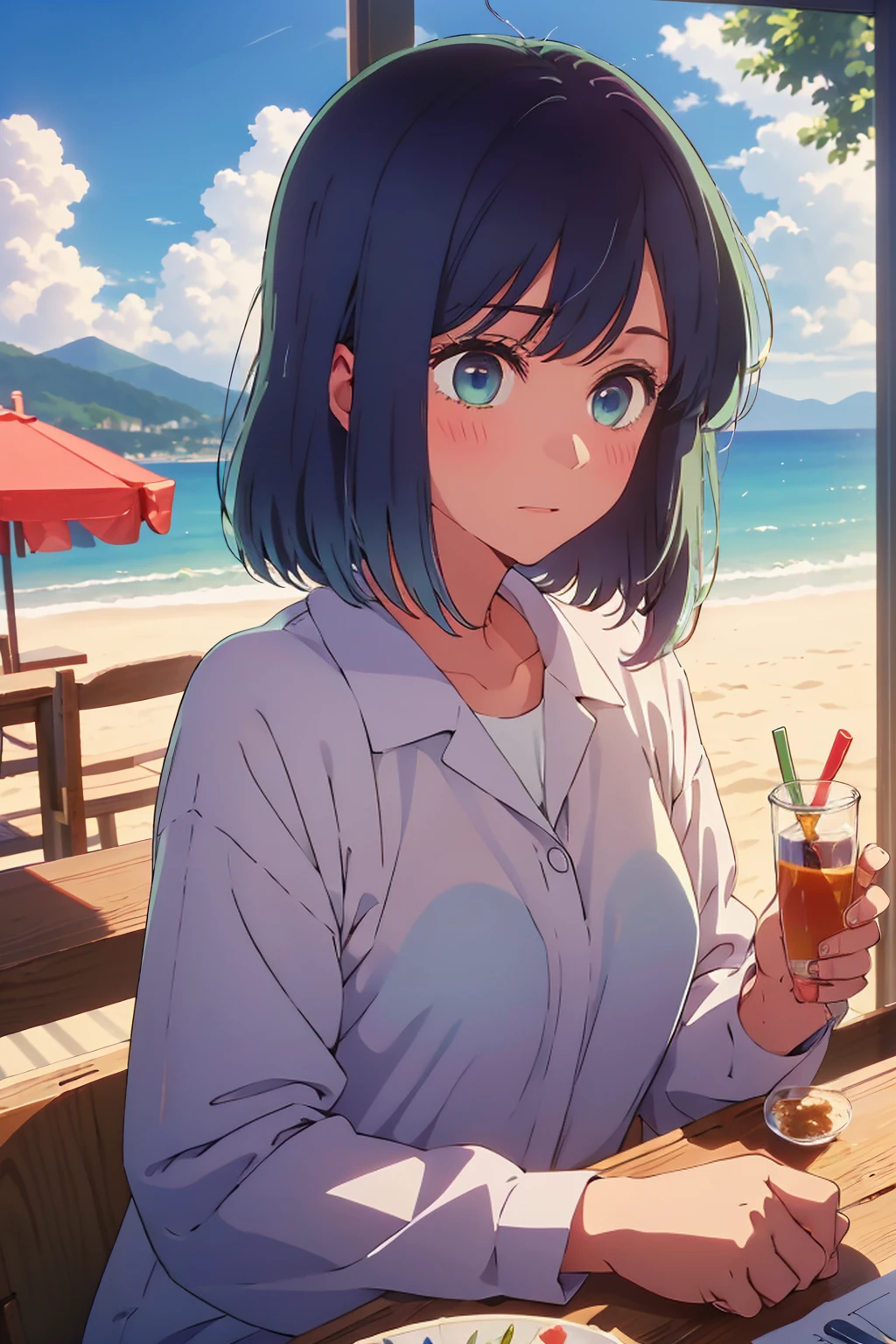 (Highest quality:1.4、masterpiece:1.4、Super detailed:1.4、8k:1.4)、((((1 person、Surprised expression、sit、Cafe Terrace、coastal、juice、table、Sandy Beach、juiceのグラスを持つ、Put on your coat、sunglasses、Bucket hat、Big eyes、Very cute face))))、F cup bust、Medium breast、Underboob
