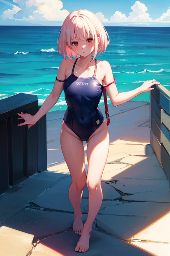 Random Swimsuit,,Blushing、Pale red eyes、Light cream colored hair、short hair、Head to toe full body、Blushing、Embarrassed look、Composition from the front、A view from slightly below、school swimwear、Acme Face、Random pose、, 、nsfw、Highest quality、1 girl、solo、Ocean、Sandy Beach、Sexy pose、Random pose、Blushing、Wet、Embarrassed、I can see half of my 、、One piece swimsuit、(Strap slip:1.3)、