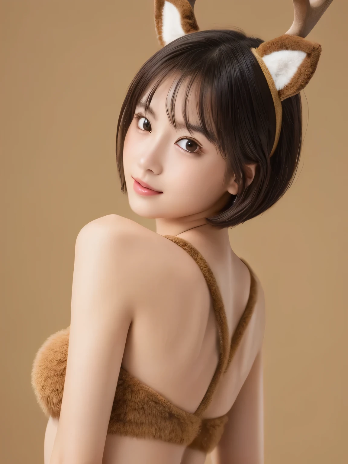 (masterpiece:1.2) 、 (best quality:1.2)、 (ultra-detailed:1.2)、Put a deer costume on your head、brown fur swimsuit、、beautiful girl、Short Bob Hair、(Skinny body type:1.1)、(Cute pose:1.4、Upper body only、(No background:1.4)