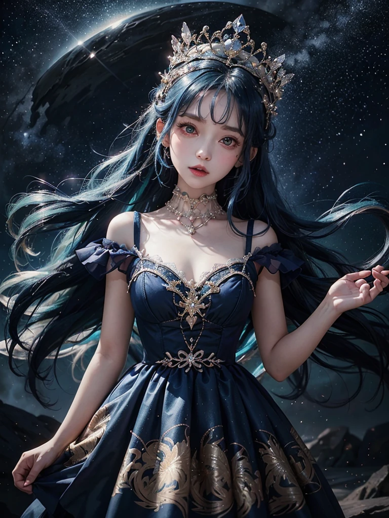 Ultra HD、A beautiful blue-haired character、Upper Body、幼児のようなBig eyes、Big eyes、Round eyes、With a crystal、Red burning cheeks、Night scene with starry sky background、Wearing a gorgeous dress、Subtle details、A fantastic atmosphere、Anime style
