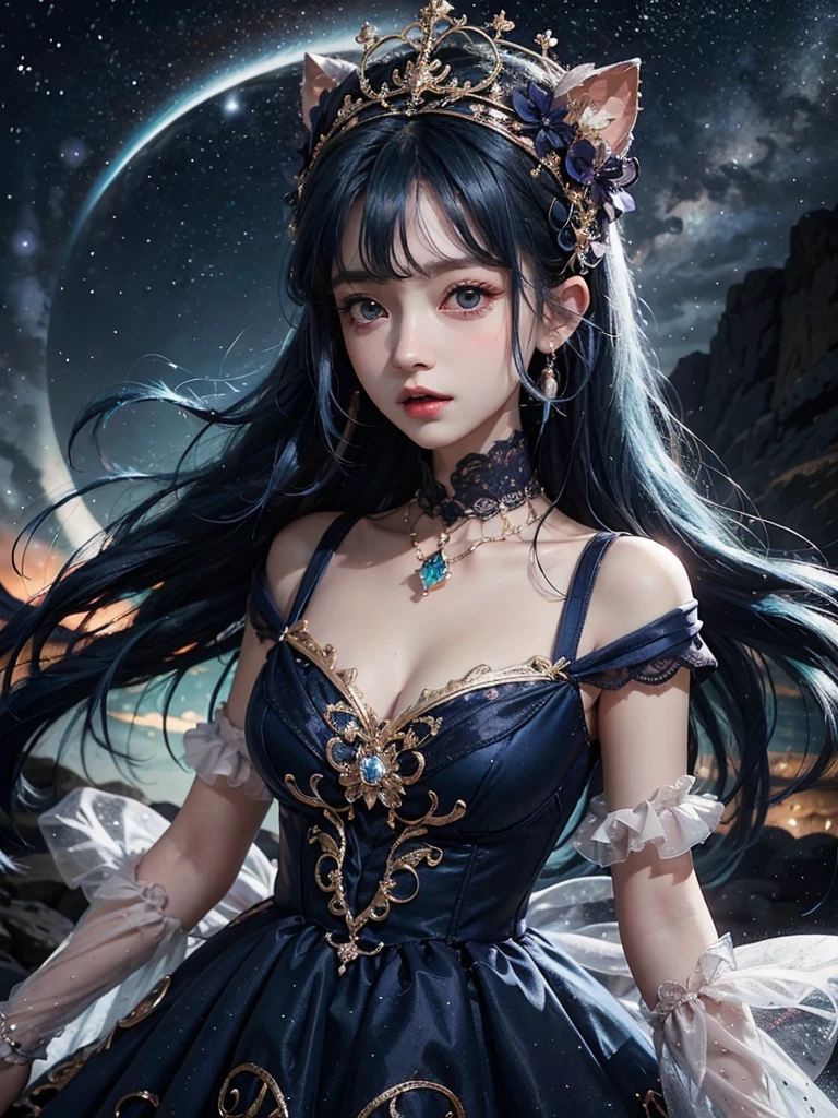 Ultra HD、A beautiful blue-haired character、Upper Body、幼児のようなBig eyes、Big eyes、Round eyes、With a crystal、Red burning cheeks、Night scene with starry sky background、Wearing a gorgeous dress、Subtle details、A fantastic atmosphere、Anime style