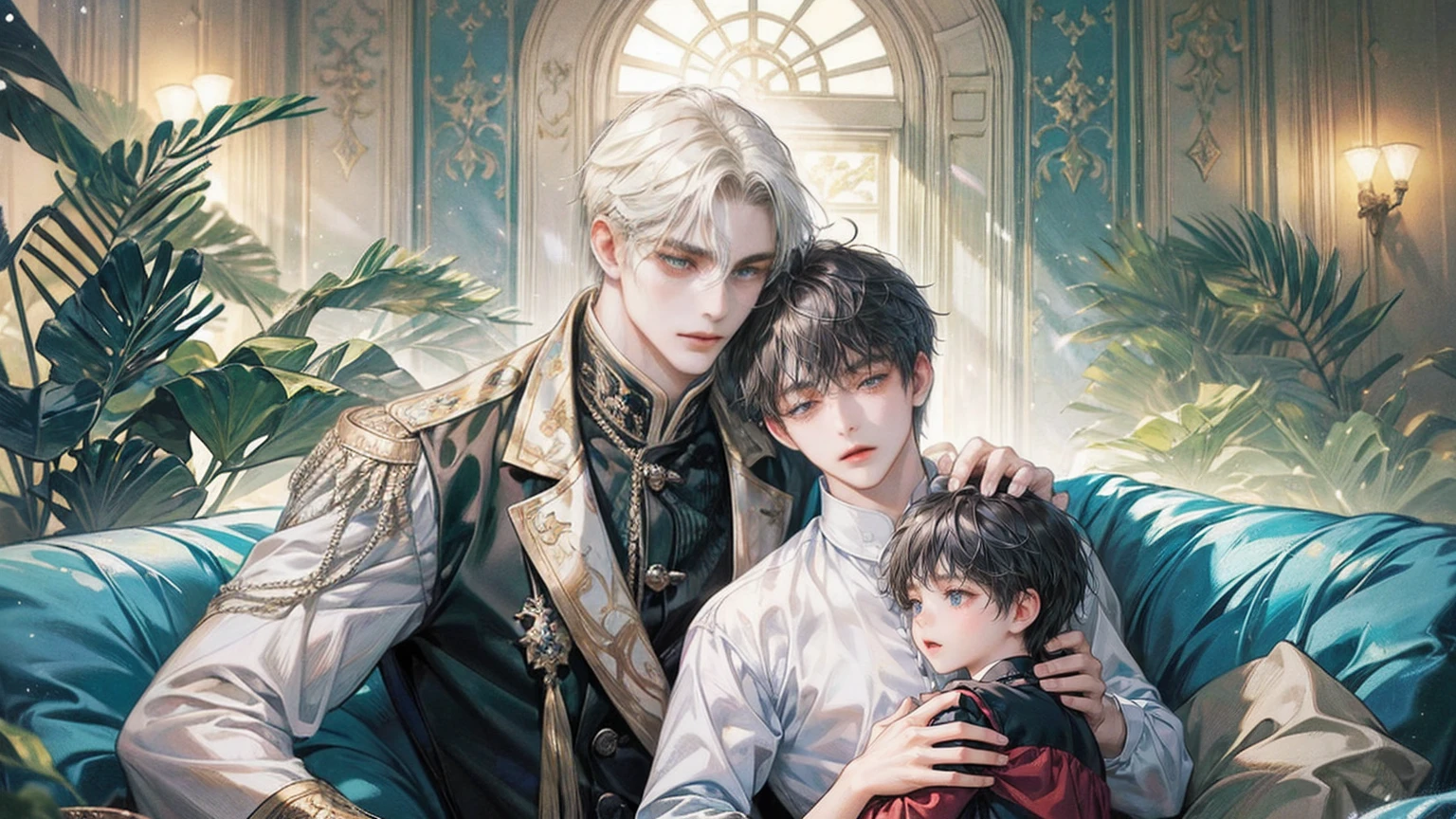 (((masterpiece))), ((Highest quality)), ((Super detailed)), (CG illustration), Happy parent-child scene。The resurrected form of Emperor Constantine and the twins Crispus and Fausta.、Father and son landscape。「Varna, Bulgaria、Under the clear blue sky、A summer evening where a stylish modern mansion shines。As the bright sunlight envelopes the sea and the mansion、A young father in his 30s hugs his twin sons tightly and warmly on his way home from work。The father's face was filled with deep love, retribution and forgiveness.、I can see the look of relief on his face, having overcome his past mistakes.。The children have innocent, naive smiles、He buried his face in his father's shoulder and looked relieved.。Light and shadow gently intersect、A scene that creates a warm and moving atmosphere overall.。」Love。Love, forgiveness, healing and purification。Detailed and delicate。lyrical。Heartful Modern。Gorgeous。elegant。masterpiece。super high quality。, beauty, brilliance, ultra-high quality, ultra-high resolution, Ultra-fine, ultra-beautiful, a masterpiece.masterpiece。I'm in love with you,