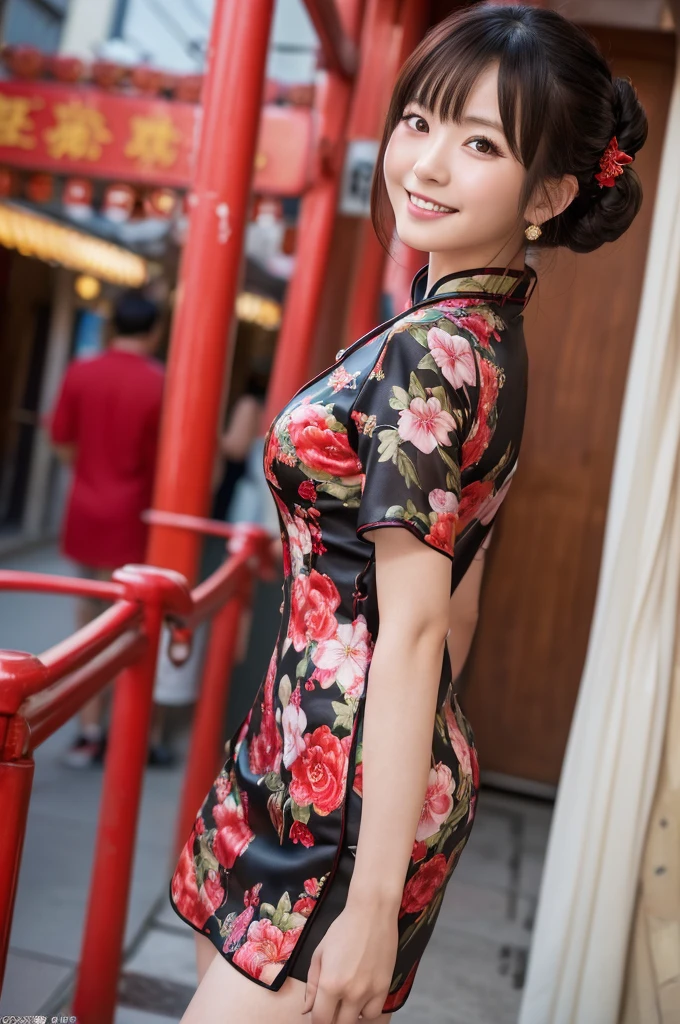 (8k, RAW photo, best quality, masterpiece:1.2), (realistic, photo-realistic:1.4), (extremely detailed 8k wallpaper), Japanese 20 age woman,she is wearing a cheongsam,The background is Chinatown,Her beautiful legs attract attention from all around her.She is embarrassed by the gaze of those around her,she is smiling