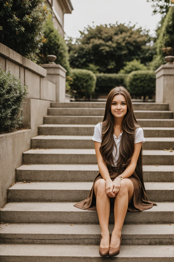Girl with long brown hair sitting on steps