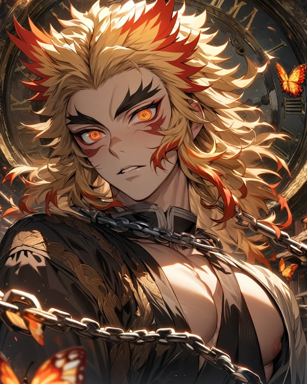 absurdres, highres, ultra detailed, HDR, master piece, best quality, extremely detailed face and eyes, Rengoku Kyojuro, blond hair, expressive orange eyes, Kimetsu No Yaiba, solo, sexy man, handsome, clock mechanical moon, fantasy, chains, butterfly 