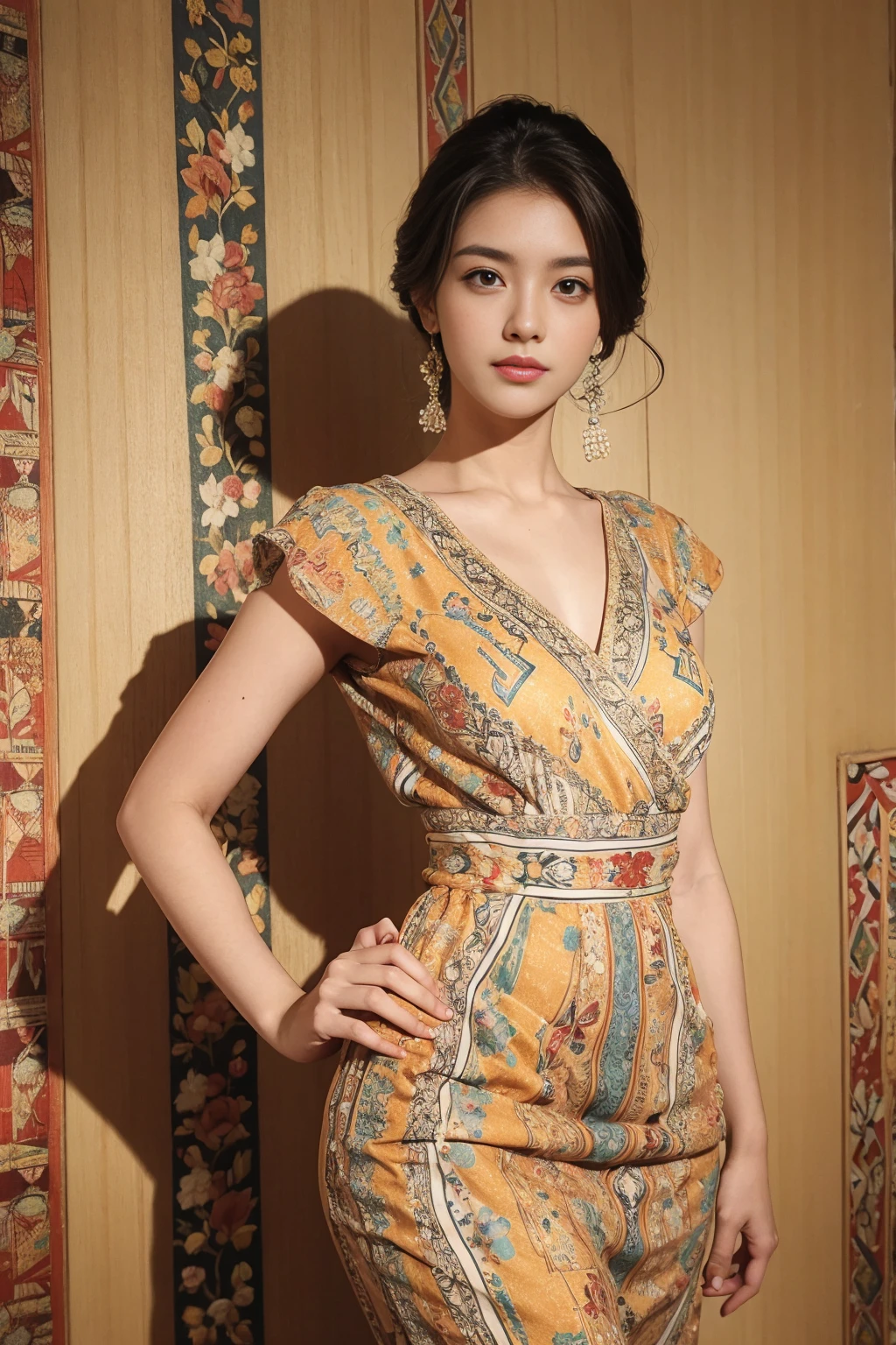 Beautiful woman wearing a retro 1990s dress, Background with ancient patterns, model pose,