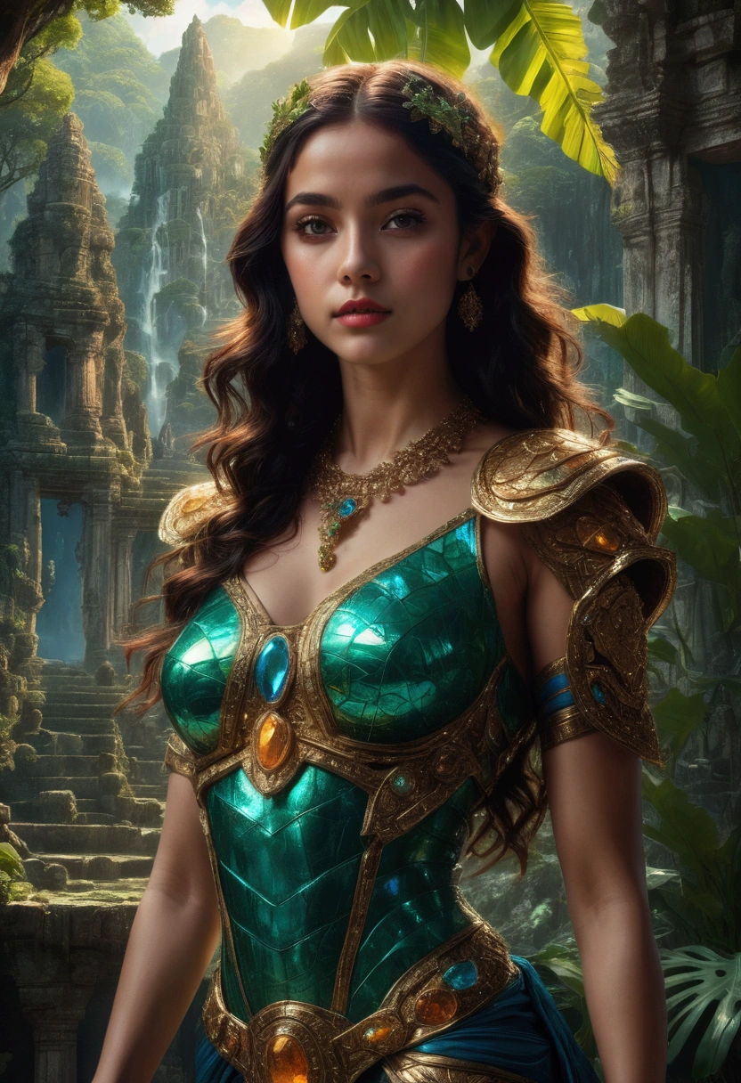1girl, a mysterious island, a magical fantasy tropical island, lush green jungle, ancient ruins, glowing crystals, warm sunlight, vibrant colors, dramatic skies, fantasy landscape, highly detailed, cinematic lighting, intricate details, a sense of wonder and adventure, (4k,8k,highres:1.2), ultra-detailed, masterpiece, best quality, very aesthetic, absurdres
