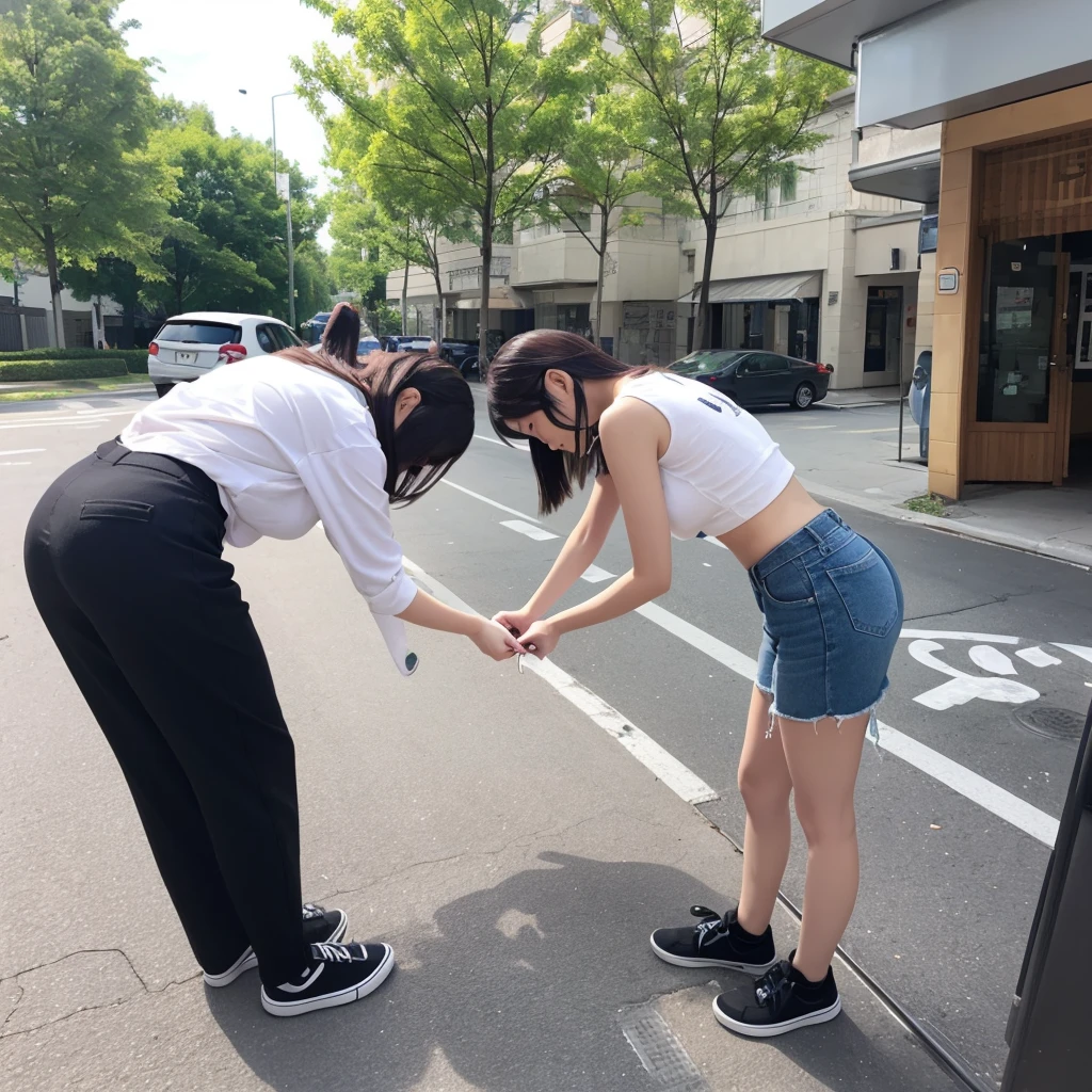 A girl turns around and picks up a pen that fell at her feet。A picture of someone bending only their waist to pick something up without bending their knees