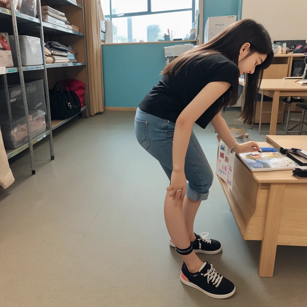 A girl turns around and picks up a pen that fell at her feet。A picture of someone bending only their waist to pick something up without bending their knees