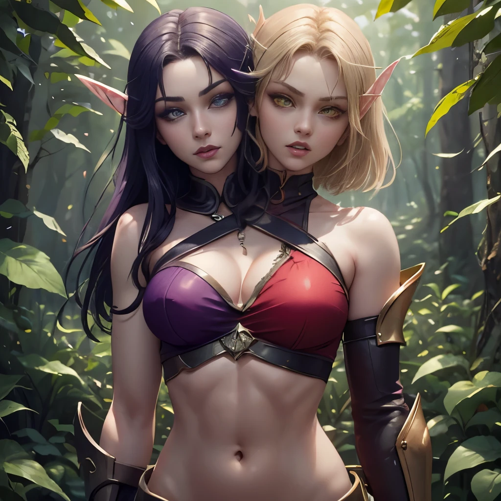 (Masterpiece, highly detailed, highly quality,  highly resolutions), body facing viewer, conjoined_dicephalus, two heads, BREAK bldelf, angry, clenched teeth, glowing eyes, yellow eyes, Blonde hair, colored sclera, mature female, red short shirt, navel, red shoulder pad, gold trim, yellow leaves, jewelry, looking at viewer, forest, day, bare shoulders, Fall season