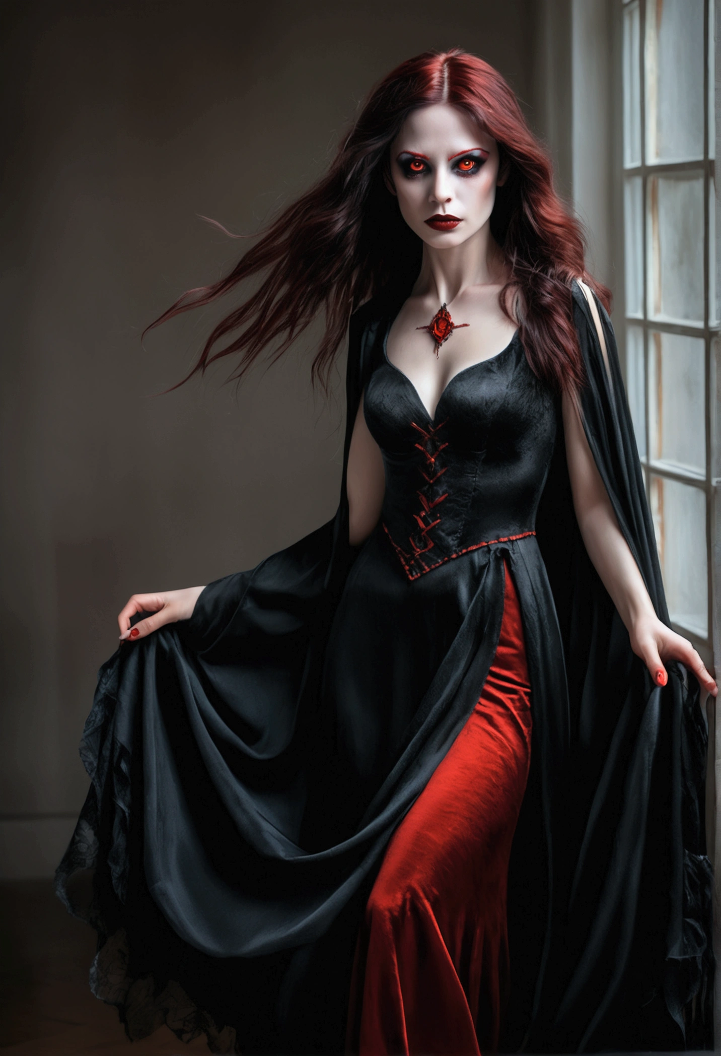 Highest quality, masterpiece, Ultra-high resolution, (Photo Real:1.4), Surrealism, dream-like,Fusion Art, Shadow Dancer, Shadow magic,Red-eyed black-haired vampire