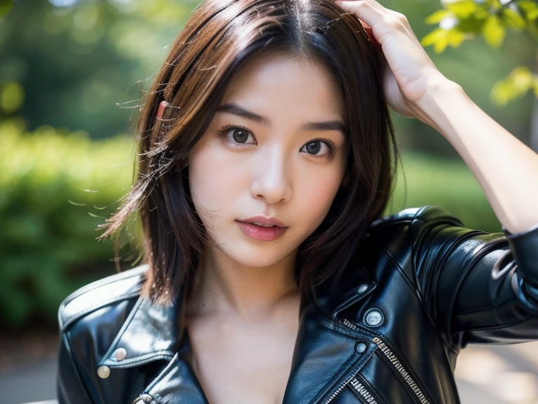 You are a professional photographer。masterpiece、8K、Highest quality, Soft Light, Ultra-high resolution, (Realistic:1.4), RAW Photos,24 years old Japanese girl, alone, cute, (pupil, Light in your eyes), Beautiful face in every detail, (Small box),(High resolution detail of human skin texture),Cleavage
、American Garage、American motorcycle repair shop、Harley Biker、Wear a leather jumpsuit、Accurate background、(Get on a bike)、
、(Portraiture)