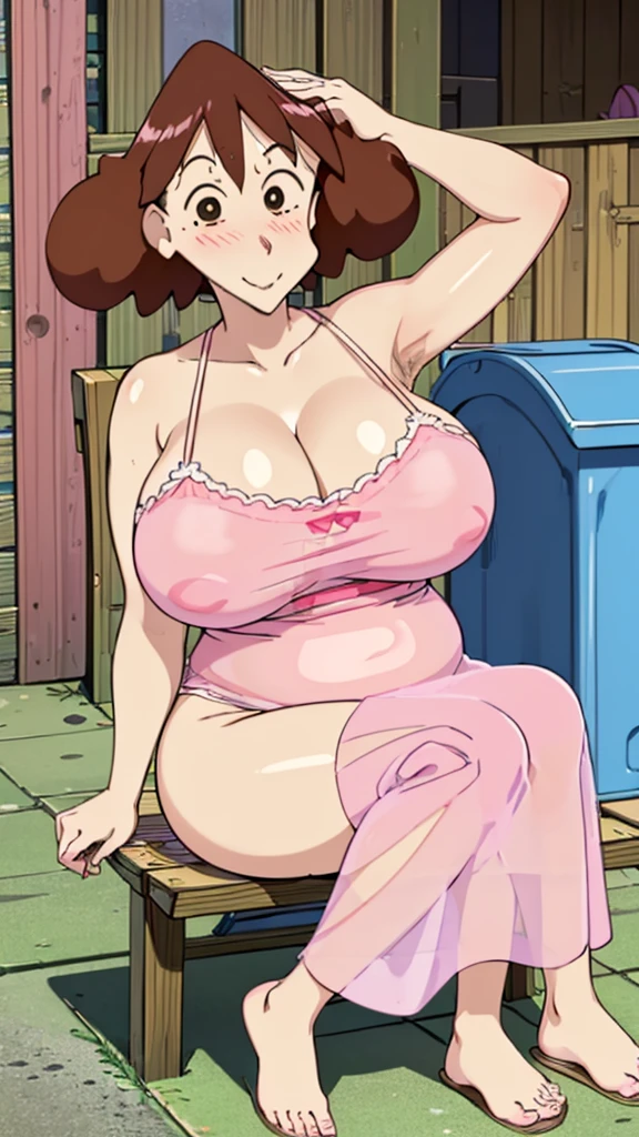 Misae Nohara, (Auntie:1.5), (Mature Woman:1.5), (absurderes, 8k, 4K, masutepiece, hyper extreme detailed:1.2), Best Quality, Perfect Anatomy,Perfect face,High humidity, (Huge breasts:1.7), (A sheer pink nightgown:1.4), (Wet:1.2), (.Alley:1.3), Graffitied wall, Garbage can, Scattered trash, (alone:1.5), (Brown eyes:1.2), (Clothing is revealing:1.2), Exposed shoulders, Torn clothes, Are pregnant, Firm breasts, Upturned nipples, Showing cleavage, Mole on chest, (Thick armpit hair:1.4), (blush:1.2), A kind smile, relief, peace of mind, (maternal:1.3), (Gentle look:1.5), Smiling face, (Outdoor:1.5), (Out:1.3), half closed eyes, naughty face, Sitting in a chair, spread legs,