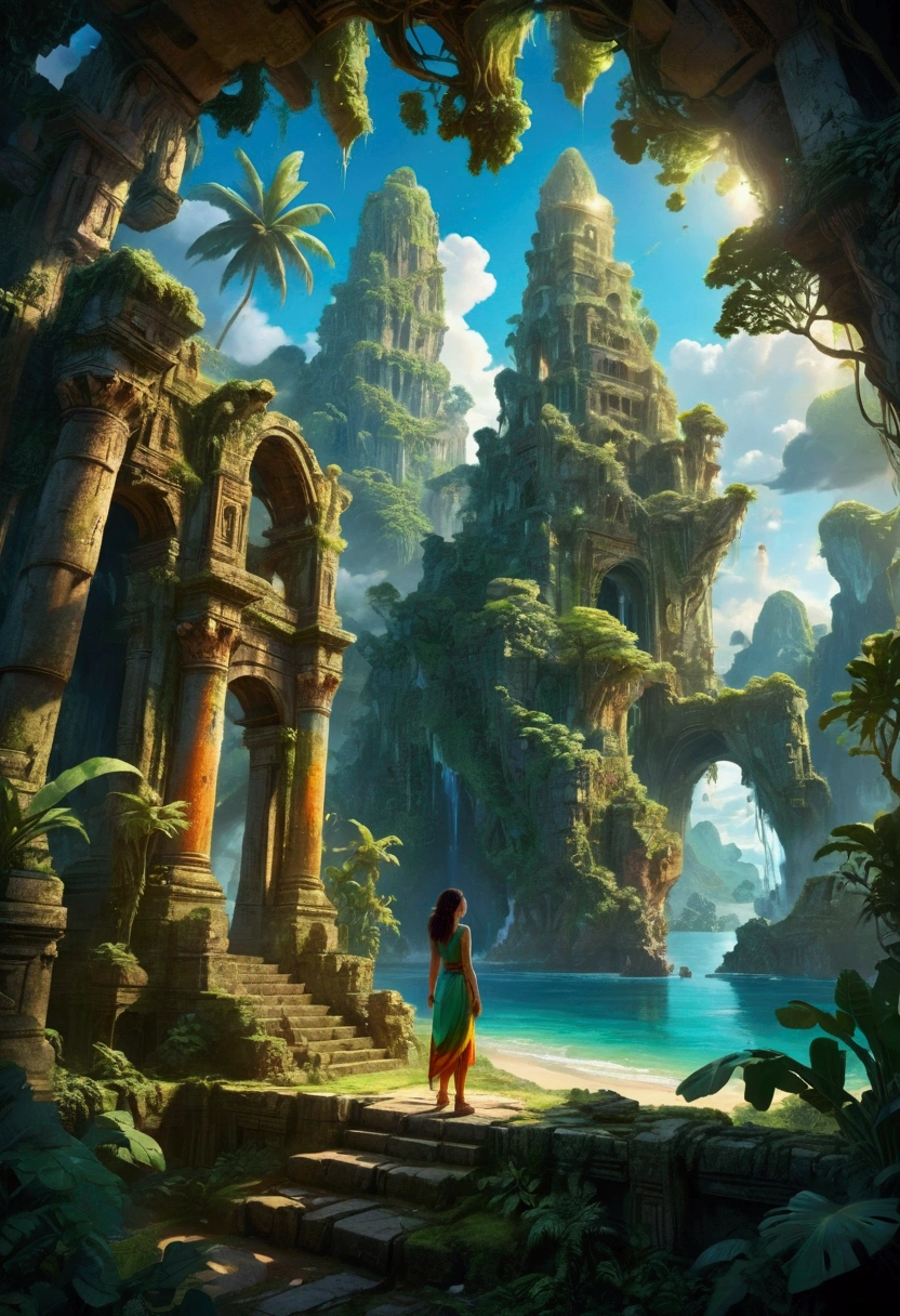 1girl, a mysterious island, a magical fantasy tropical island, lush green jungle, ancient ruins, glowing crystals, warm sunlight, vibrant colors, dramatic skies, fantasy landscape, highly detailed, cinematic lighting, intricate details, a sense of wonder and adventure, (4k,8k,highres:1.2), ultra-detailed, masterpiece, best quality, very aesthetic, absurdres