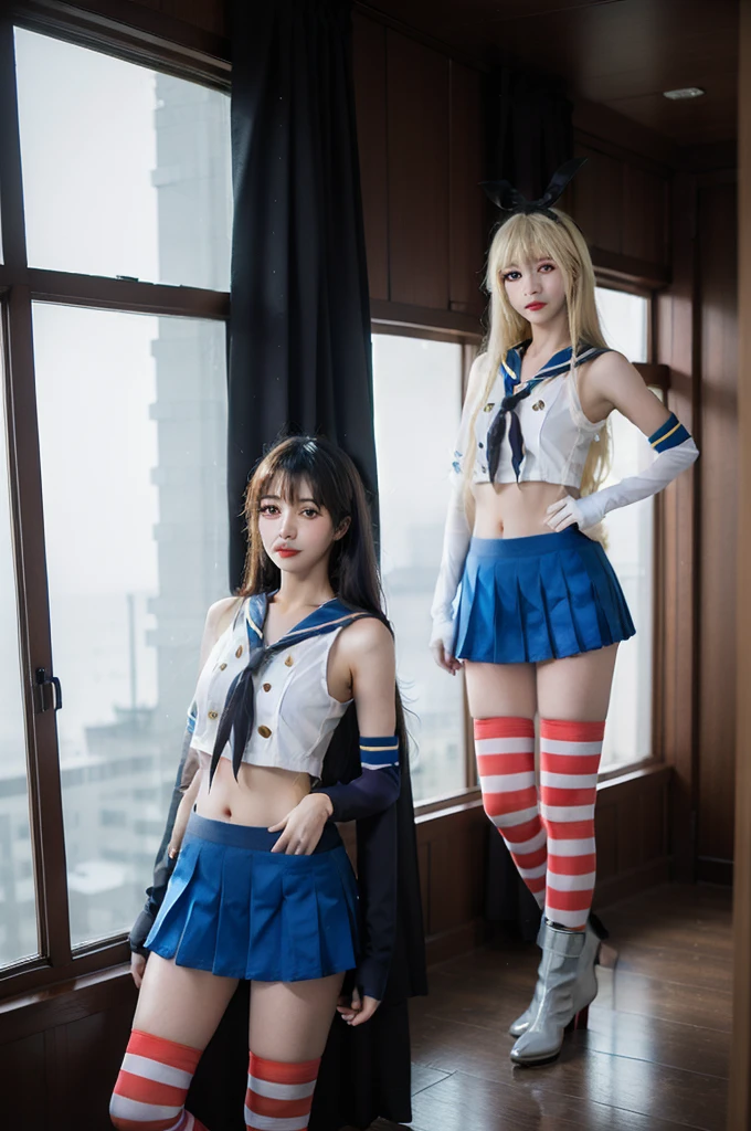 best quality, quality, masterpiece, (Realistic:1.4), One girl, shimakaze \\, (Kantai Collection\\), Elbow hand pockets, Striped knee socks, High leg panties, Blue pleated skirt, boots, Are standing, whole body, View your viewers, Detailed Background, indoor, Lavish decoration, window, Dramatic lighting,