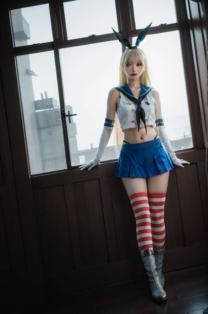 best quality, quality, masterpiece, (Realistic:1.4), One girl, shimakaze \\, (Kantai Collection\\), Elbow hand pockets, Striped knee socks, High leg panties, Blue pleated skirt, boots, Are standing, whole body, View your viewers, Detailed Background, indoor, Lavish decoration, window, Dramatic lighting,