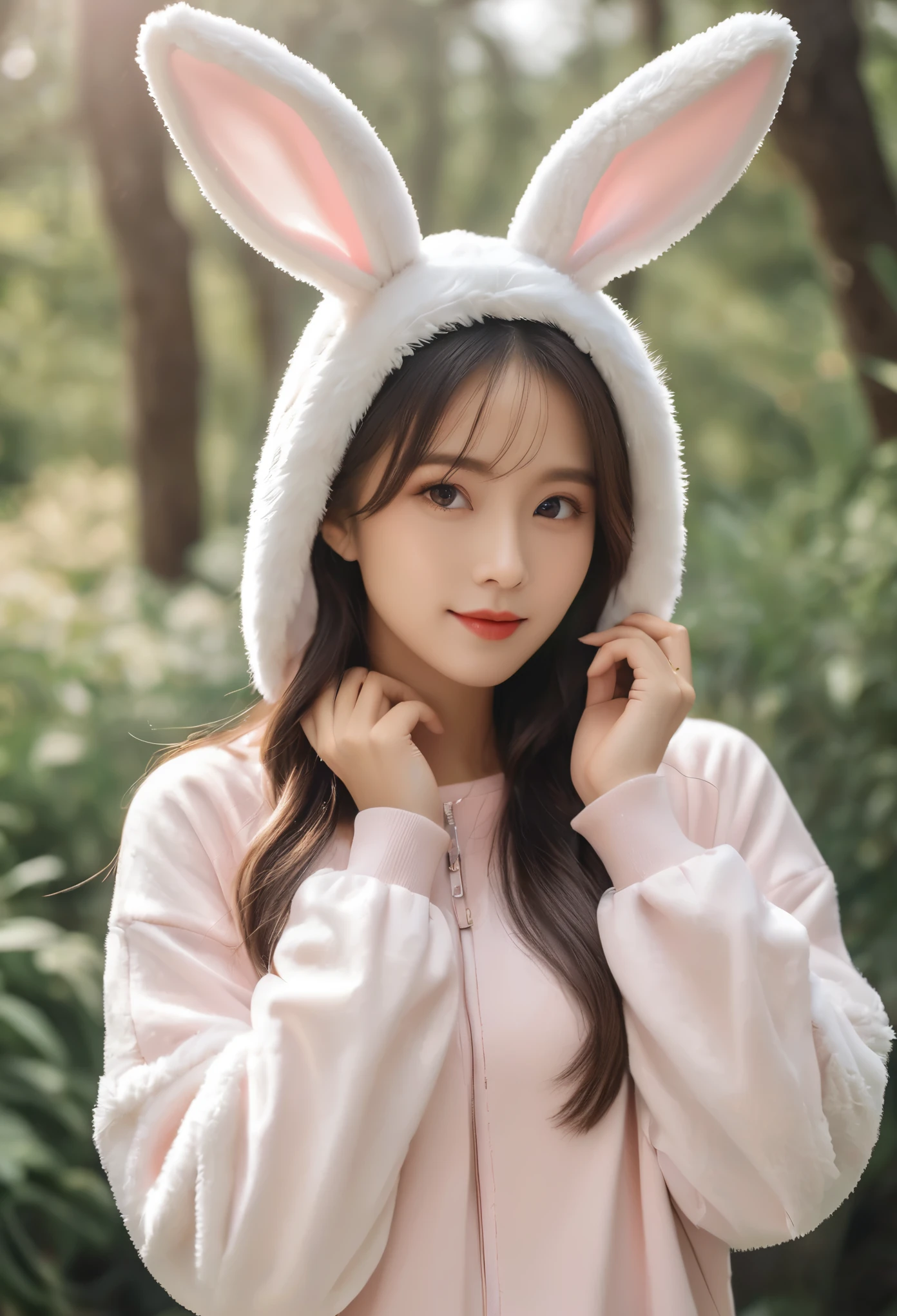 A woman wearing a furry bunny costume,Wearing big rabbit ears, full-body shot, Wide Angle, Cute and full of childlike expression, Professional Portraits, Super Fine 8K, high resolution, Detailed facial features, Detailed clothing, soft light, Fantastic, fantasy, Soft colors, cute