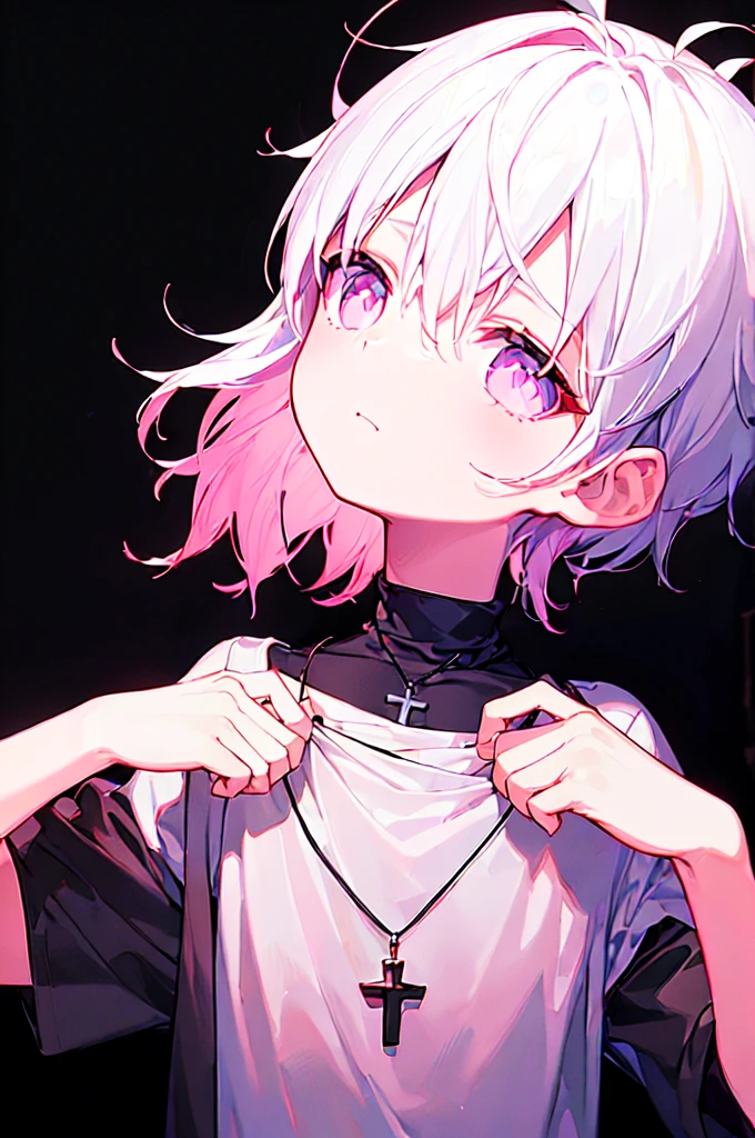 [(BLACK BACKGROUND:1.5)], ((((masterpiece)))), high quality, ((solo)), ((1 little boy)), ((white short hair)), (pink color eyes), upper body, civilian clothes white, Necklace of crosses, (Dark effect:1), anime,
