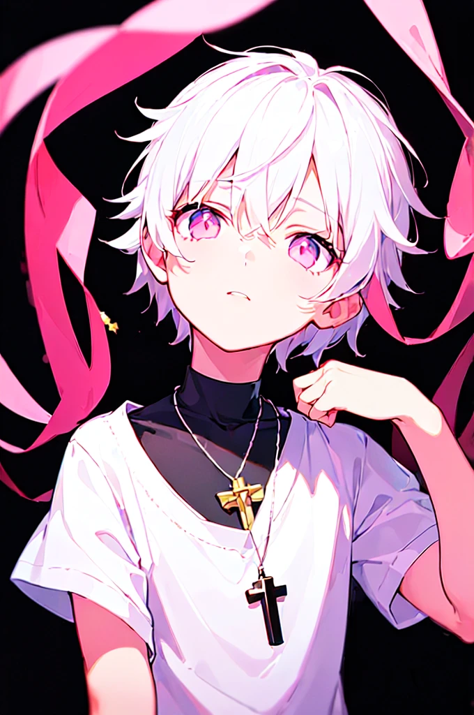 [(BLACK BACKGROUND:1.5)], ((((masterpiece)))), high quality, ((solo)), ((1 little boy)), ((white short hair)), (pink color eyes), upper body, civilian clothes white, Necklace of crosses, (Dark effect:1), anime,