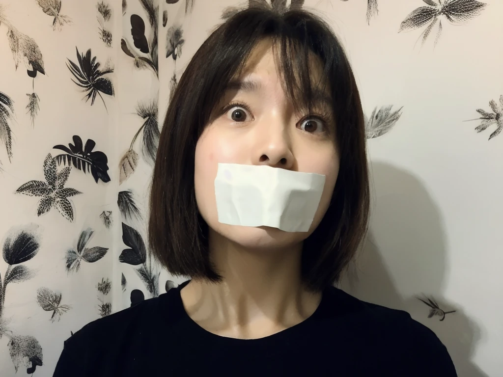 One female, selfie、face close up、cheerful smile、big tear bag、tape gag,Room lighting:none、front lighting:weak、Photo taken with iPhone、Japanese cute half-haired girl、profile、looking at the camera、black sweater, white wallpaper only, Rooms without lights、