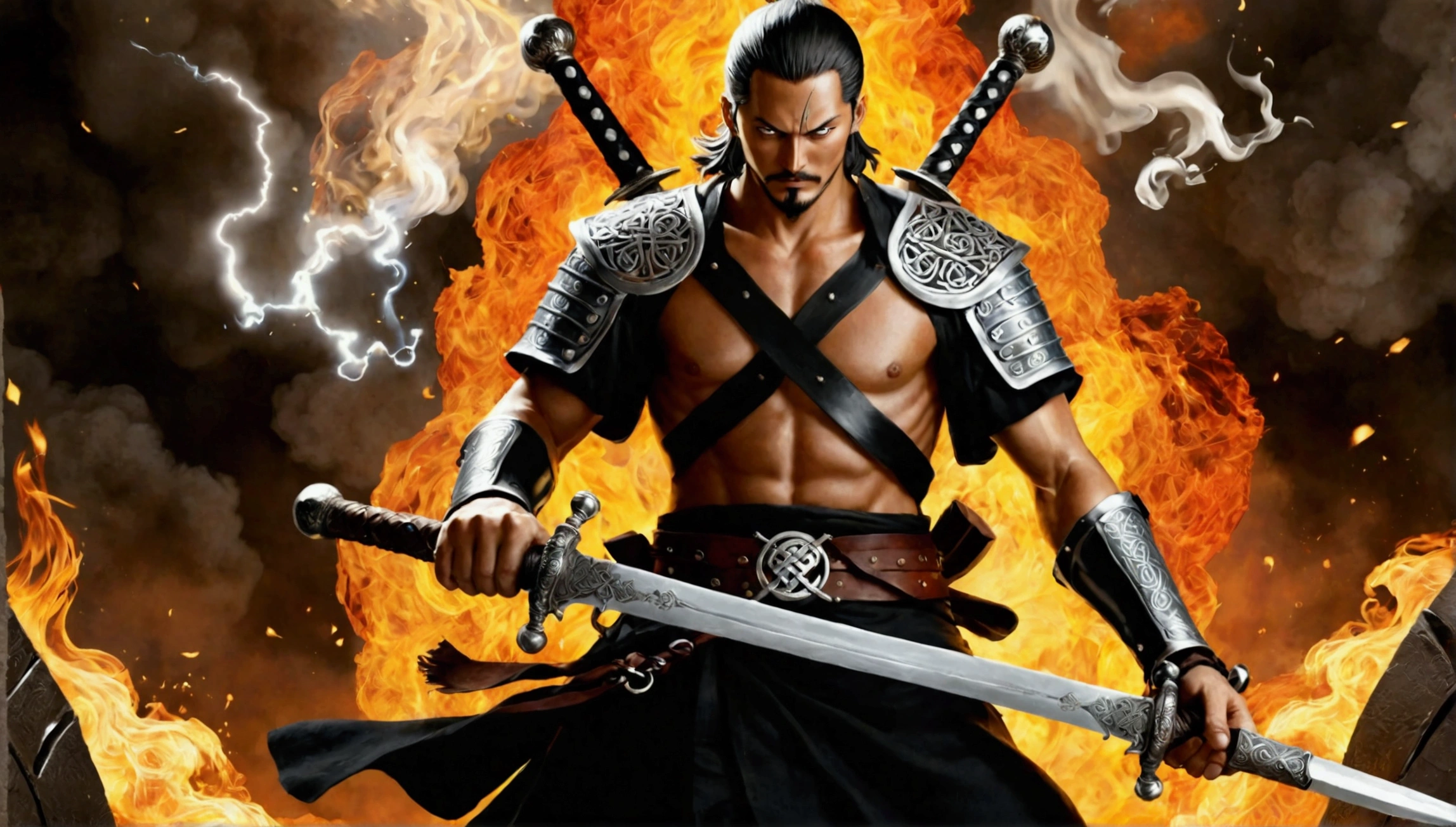 FIRE AND SMOKE BACKGROUND, epic book cover, shiny new three crossed silver swords as focus point in one piece with round pommel, background with some smoke, silhouette of war in background, three crossed silver swords in one piece with round pommels, Celtic Era, Bronze Age, silver flashy, epic novel scene, --ar 2:3