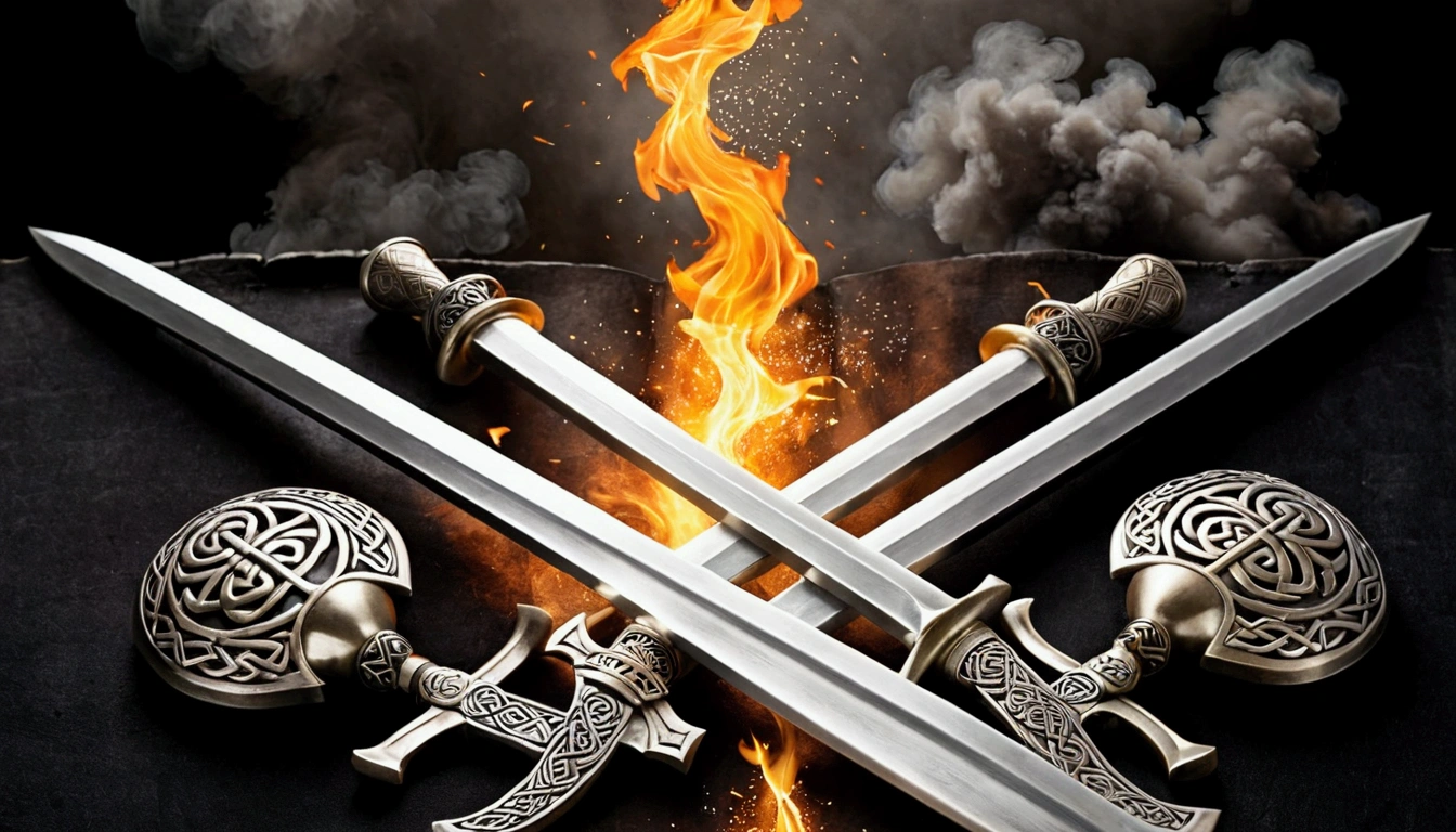 FIRE AND SMOKE BACKGROUND, epic book cover, shiny new three crossed silver swords as focus point in one piece with round pommel, background with some smoke, silhouette of war in background, three crossed silver swords in one piece with round pommels, Celtic Era, Bronze Age, silver flashy, epic novel scene, --ar 2:3