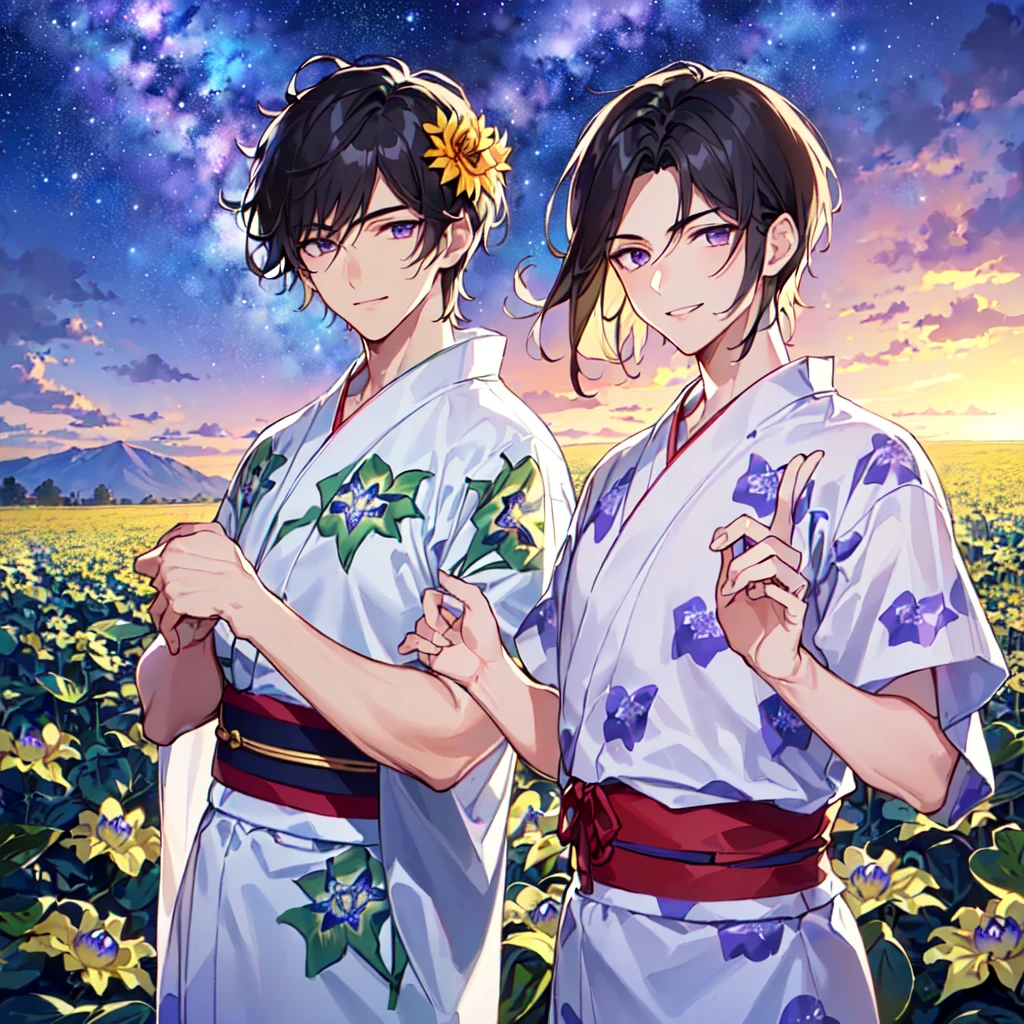 masterpiece,best quality,high quality,(1 male austere handsome solo adult age 30 years old:1.5), purple eyes, cool with suspended eyes, V-shaped eyebrows, body strong and fearless 8.5 head tall, height 185cm, (well-groomed black hair short to neck:1.4), (bangs 7 thirds parted: 1.4), slender nose, facial muscles, throat, (Passiflora caerulea print summer yukata short sleeves and pants: 1.3), (stylish pose), (cool smile: 1.3), (background Passiflora caerulea flower field: 1.3), (Milky Way Night Sky: 1.3), (upper body:1.3)