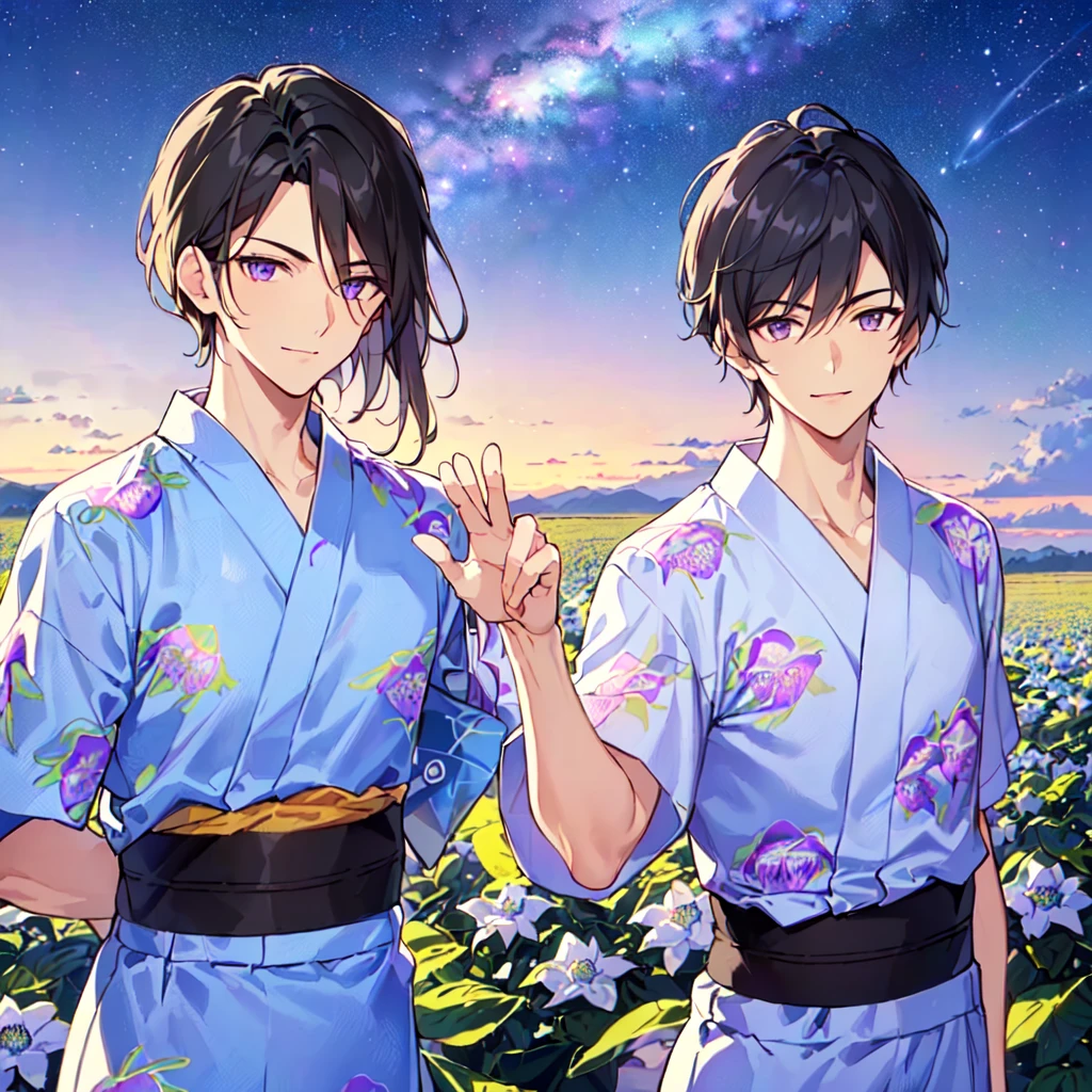 masterpiece,best quality,high quality,(1 male austere handsome solo adult age 30 years old:1.5), purple eyes, cool with suspended eyes, V-shaped eyebrows, body strong and fearless 8.5 head tall, height 185cm, (well-groomed black hair short to neck:1.4), (bangs 7 thirds parted: 1.4), slender nose, facial muscles, throat, (Passiflora caerulea print summer yukata short sleeves and pants: 1.3), (stylish pose), (cool smile: 1.3), (background Passiflora caerulea flower field: 1.3), (Milky Way Night Sky: 1.3), (upper body:1.3)