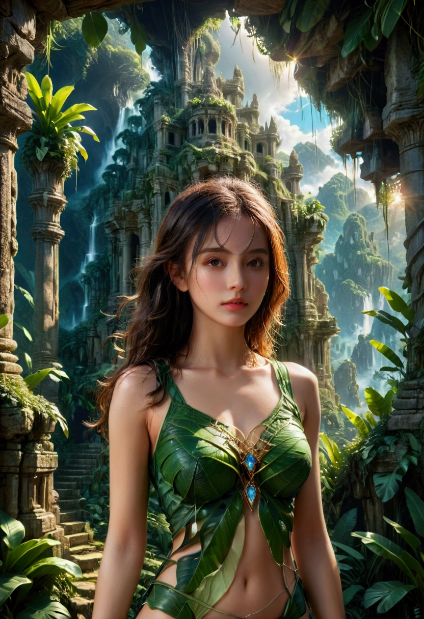 1girl, a mysterious island, a magical fantasy tropical island, lush green jungle, ancient ruins, glowing crystals, warm sunlight, vibrant colors, dramatic skies, fantasy landscape, highly detailed, cinematic lighting, intricate details, a sense of wonder and adventure, (4k,8k,highres:1.2), ultra-detailed, masterpiece, best quality, very aesthetic, absurdres