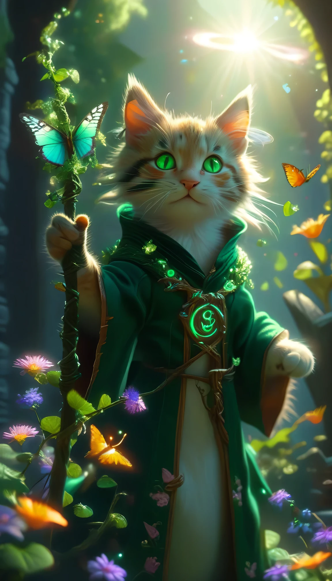 kitten,
fantasy worlds,
eloder cat mage wearing robes,Druid,
holding an vines staff,arms up,
green eyes,
Magic Circle,
flower,butterfly,
fluffy tail,
detailed surroundings,
Luminous Magic Array,
(hyper-detailed,high quality visuals,dim Lighting,ultra-realistic,sharply focused,octane render,8k UHD,masterpiece,high quality),
beautiful detailed glow,((clouds)),forest,sunlight,