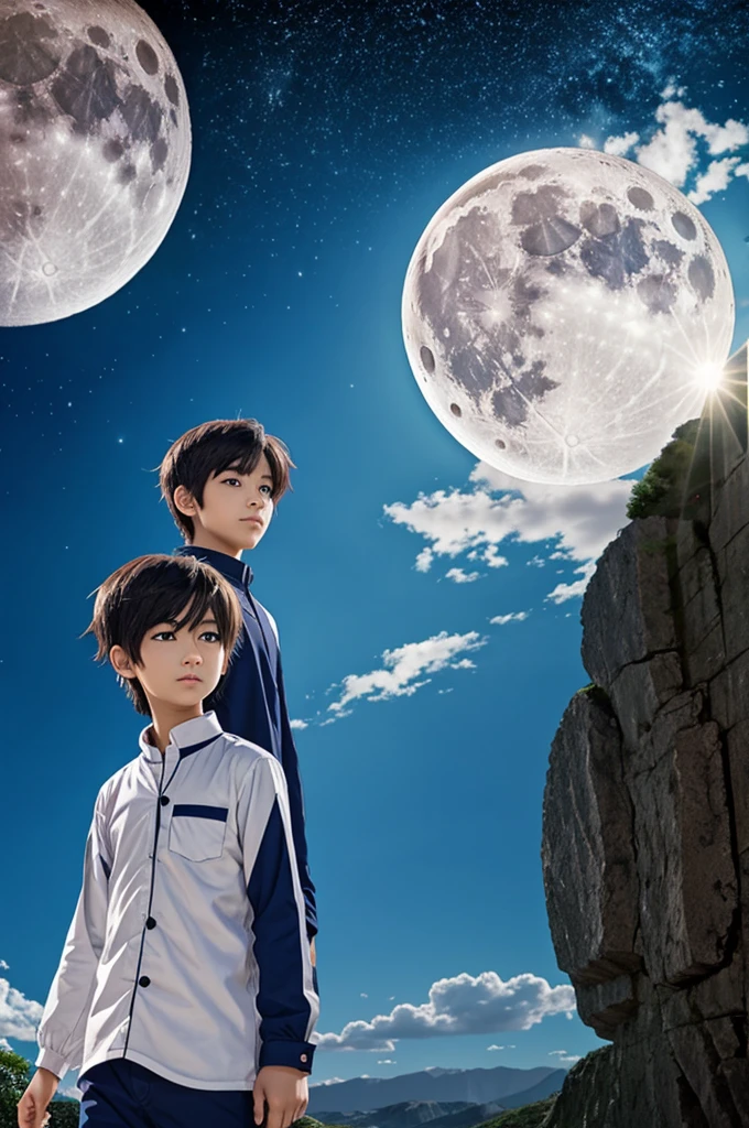 anime boy stand in the front of moon 