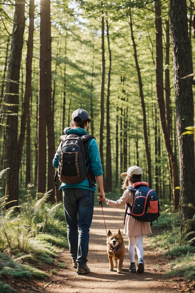 1. **Mia and Max Setting Off:**
   - "A curious girl named Mia and her clever dog Max, both looking excited, with a small backpack, setting off on a sunny afternoon to explore the woods."