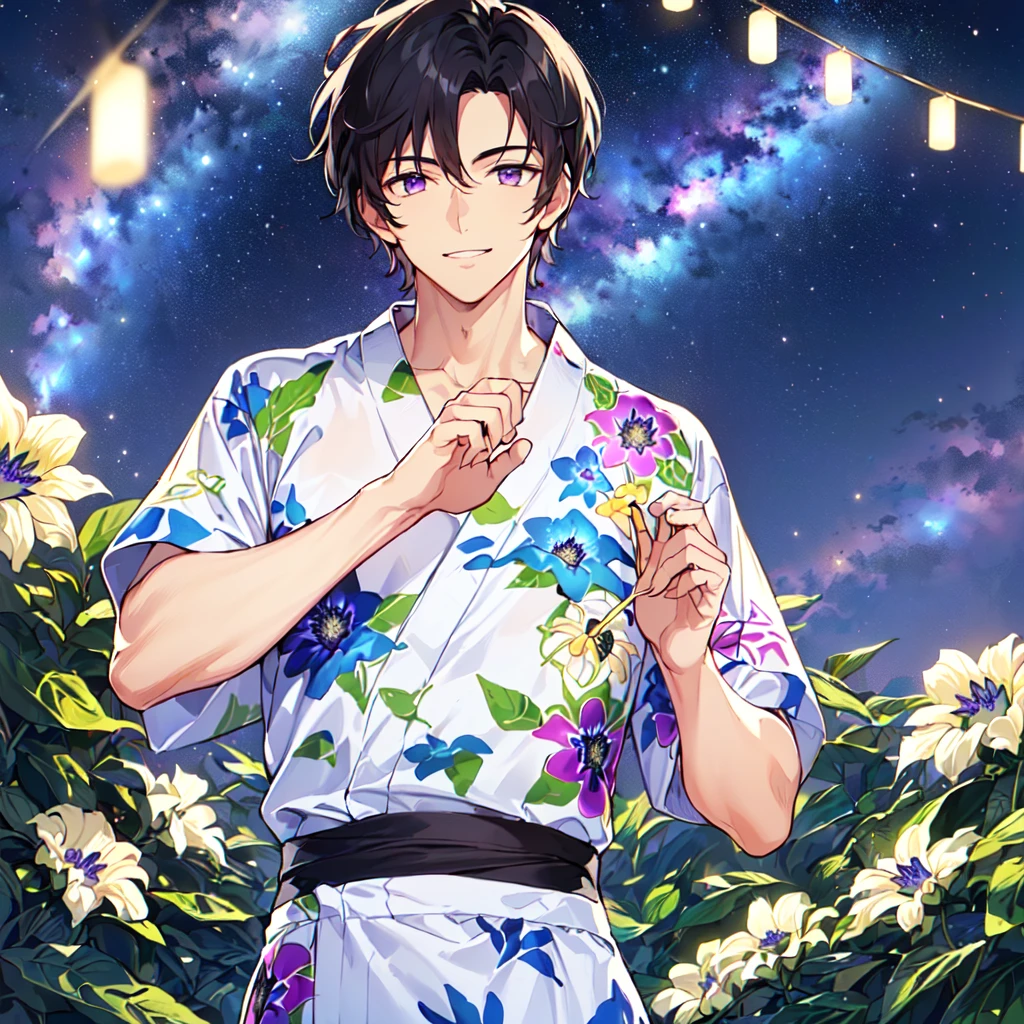 masterpiece,best quality,high quality,(1 male austere handsome solo adult age 30 years old:1.5), purple eyes, cool with suspended eyes, V-shaped eyebrows, body strong and fearless 8.5 head tall, height 185cm, (well-groomed black hair short to neck:1.4), (bangs 7 thirds parted: 1.4), slender nose, facial muscles, throat, (Passiflora caerulea print summer yukata short sleeves and pants: 1.3), (stylish pose), (cool smile: 1.3), (background Passiflora caerulea flower field: 1.3), (Milky Way Night Sky: 1.3), (upper body:1.3)