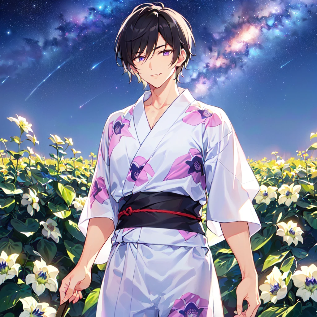 masterpiece,best quality,high quality,(1 male austere handsome solo adult age 30 years old:1.5), purple eyes, cool with suspended eyes, V-shaped eyebrows, body strong and fearless 8.5 head tall, height 185cm, (well-groomed black hair short to neck:1.4), (bangs 7 thirds parted: 1.4), slender nose, facial muscles, throat, (Passiflora caerulea print summer yukata short sleeves and pants: 1.3), (stylish pose), (cool smile: 1.3), (background Passiflora caerulea flower field: 1.3), (Milky Way Night Sky: 1.3), (upper body:1.3)