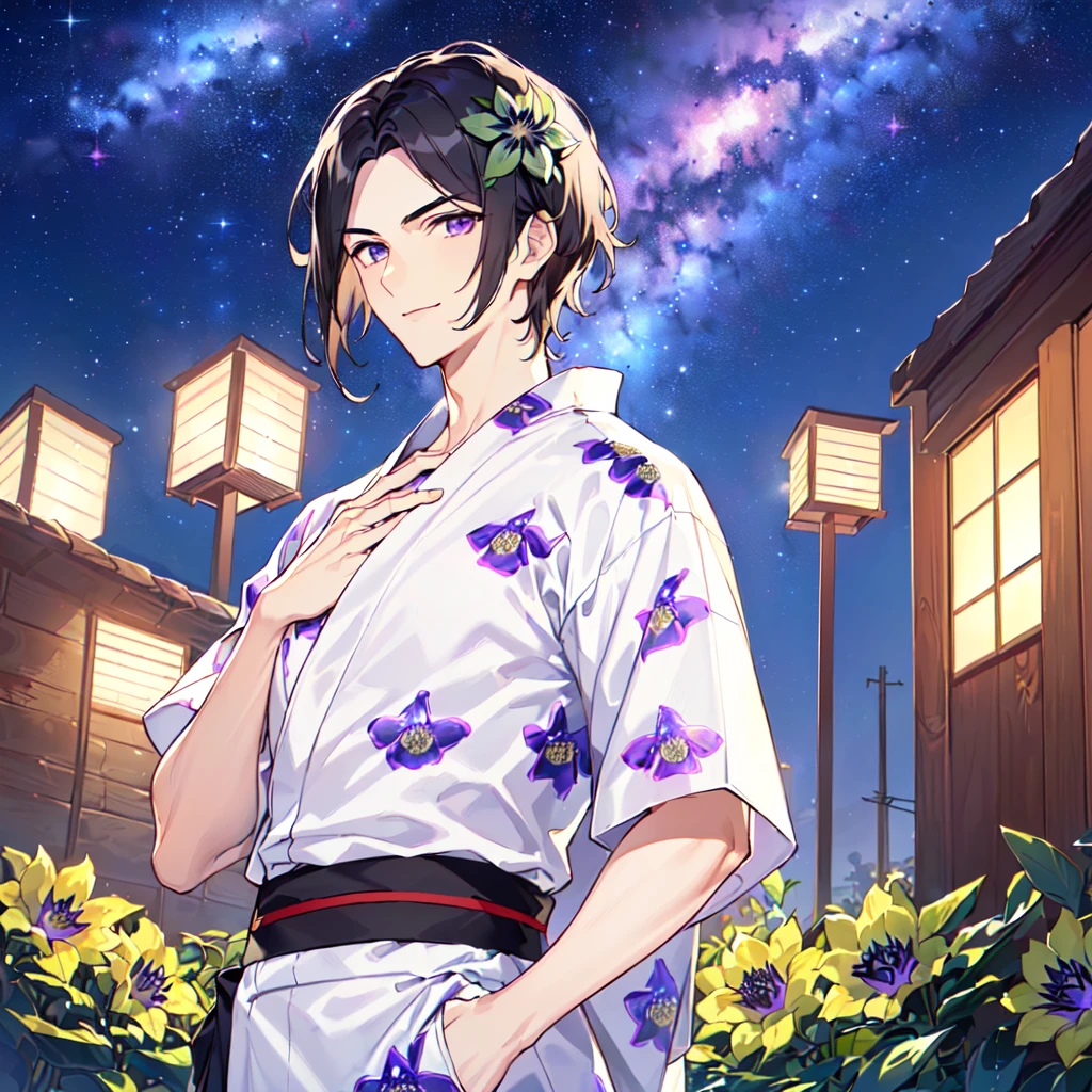 masterpiece,best quality,high quality,(1 male austere handsome solo adult age 30 years old:1.5), purple eyes, cool with suspended eyes, V-shaped eyebrows, body strong and fearless 8.5 head tall, height 185cm, (well-groomed black hair short to neck:1.4), (bangs 7 thirds parted: 1.4), slender nose, facial muscles, throat, (Passiflora caerulea print summer yukata short sleeves and pants: 1.3), (stylish pose), (cool smile: 1.3), (background Passiflora caerulea flower field: 1.3), (Milky Way Night Sky: 1.3), (upper body:1.3)